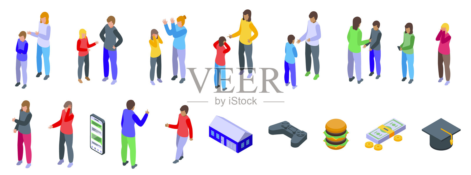 父母与青少年冲突图标集等距向量。压力与烦恼插画图片素材