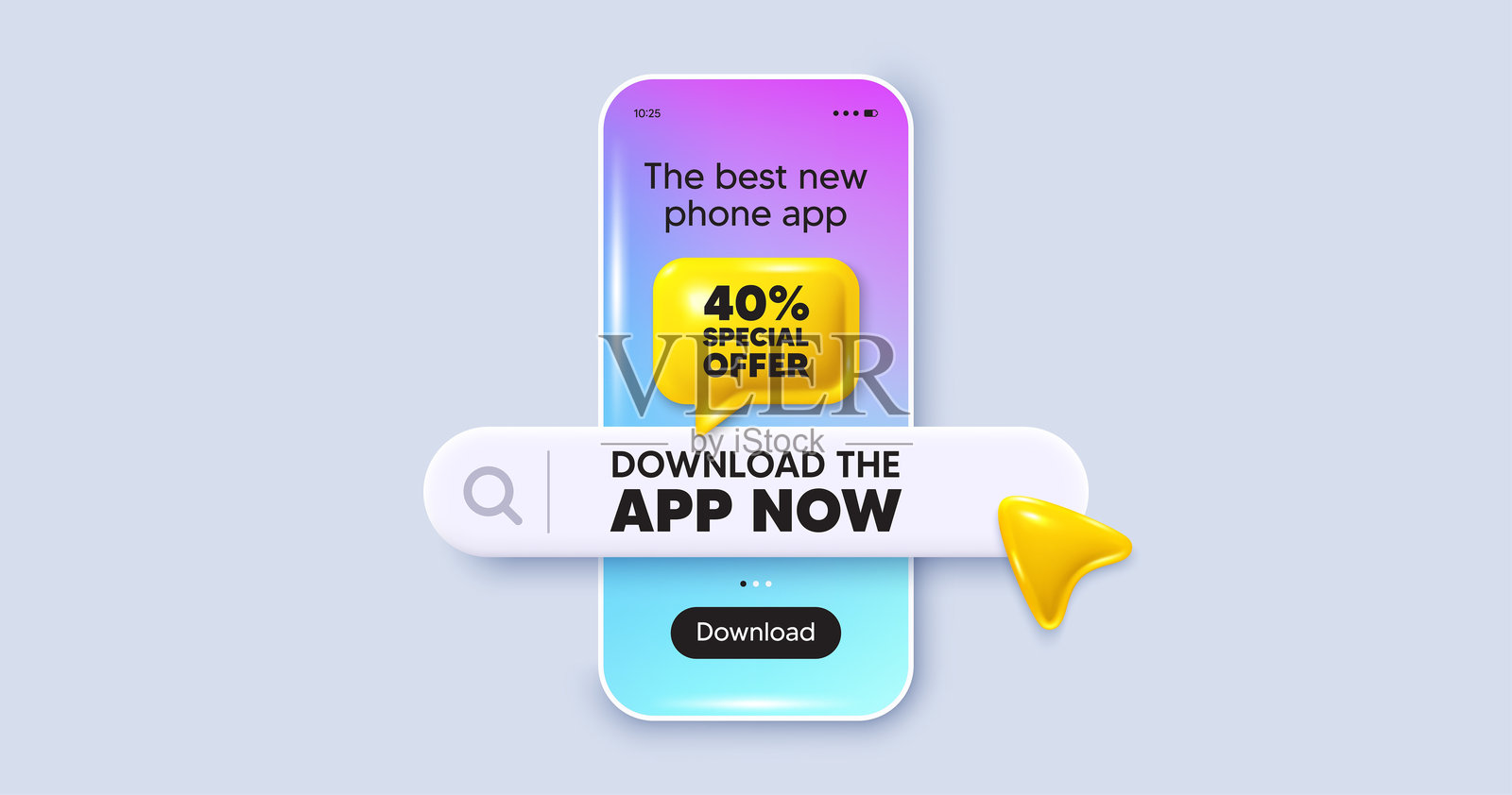 40%折扣优惠。促销价格标志。立即下载应用程序。手机模型屏幕。矢量图。插画图片素材