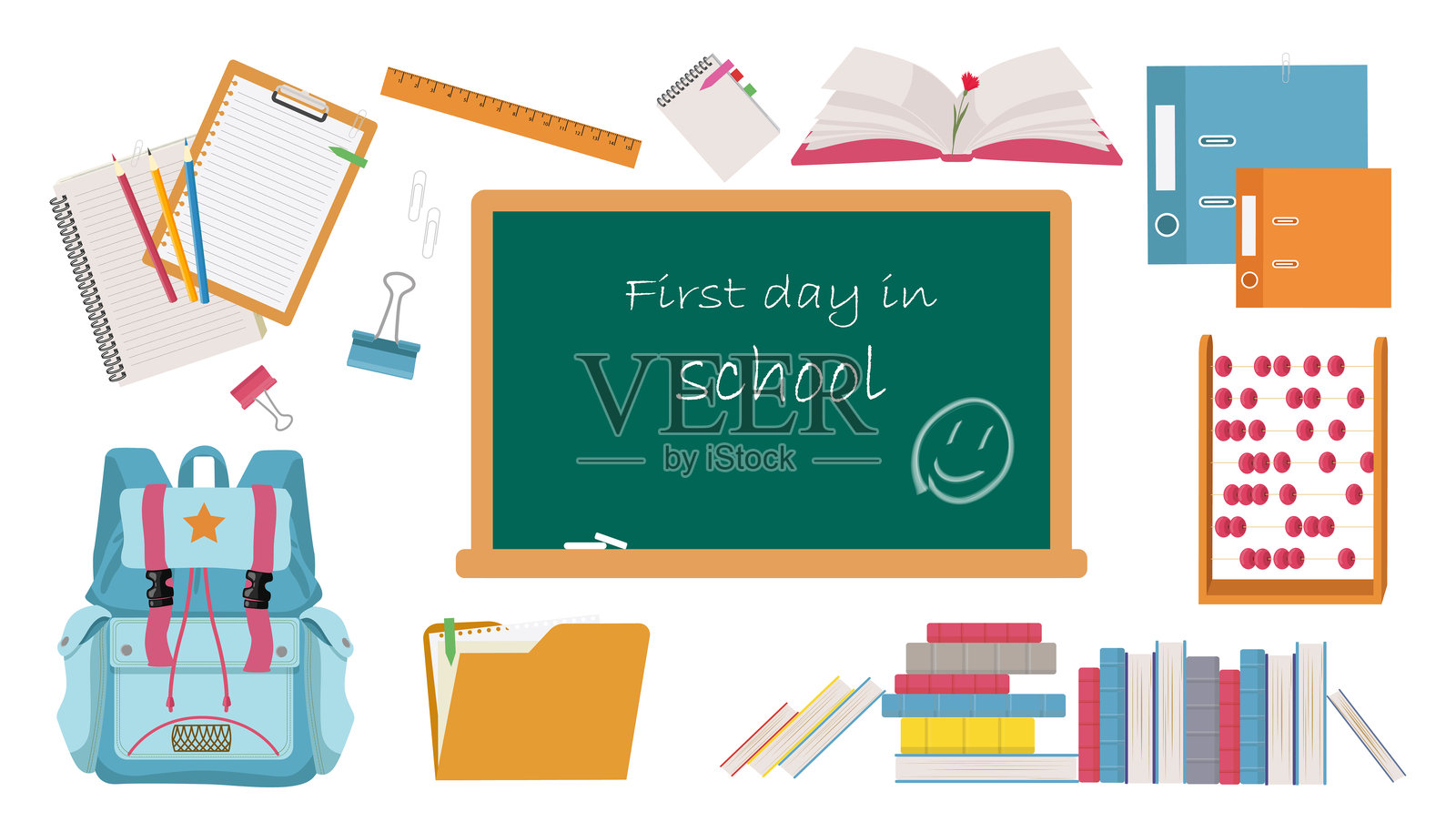 一组卡通风格的返校元素。矢量插图包括黑板、粉笔、文件夹、纸张平板、书本堆、手提箱、活页夹、尺子、回形针、铅笔和算盘。插画图片素材