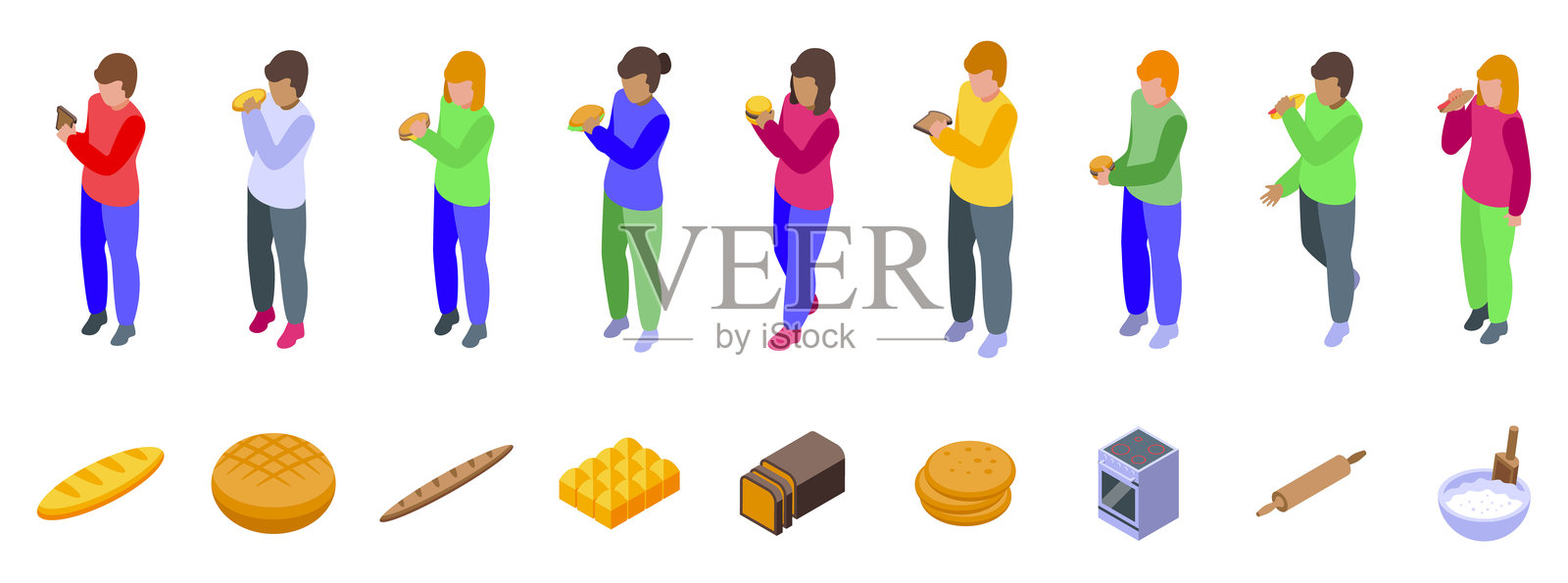 孩子吃面包图标集，等距向量。学校食品插画图片素材