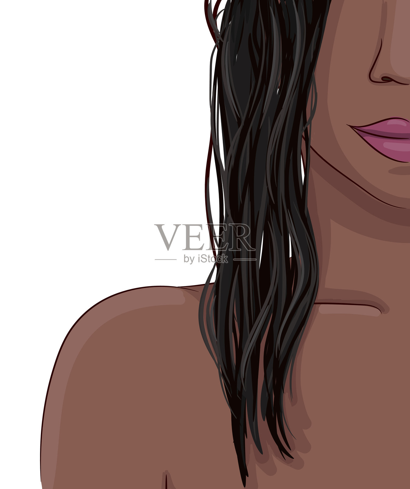 湿发的深肤色棕发女性插画图片素材