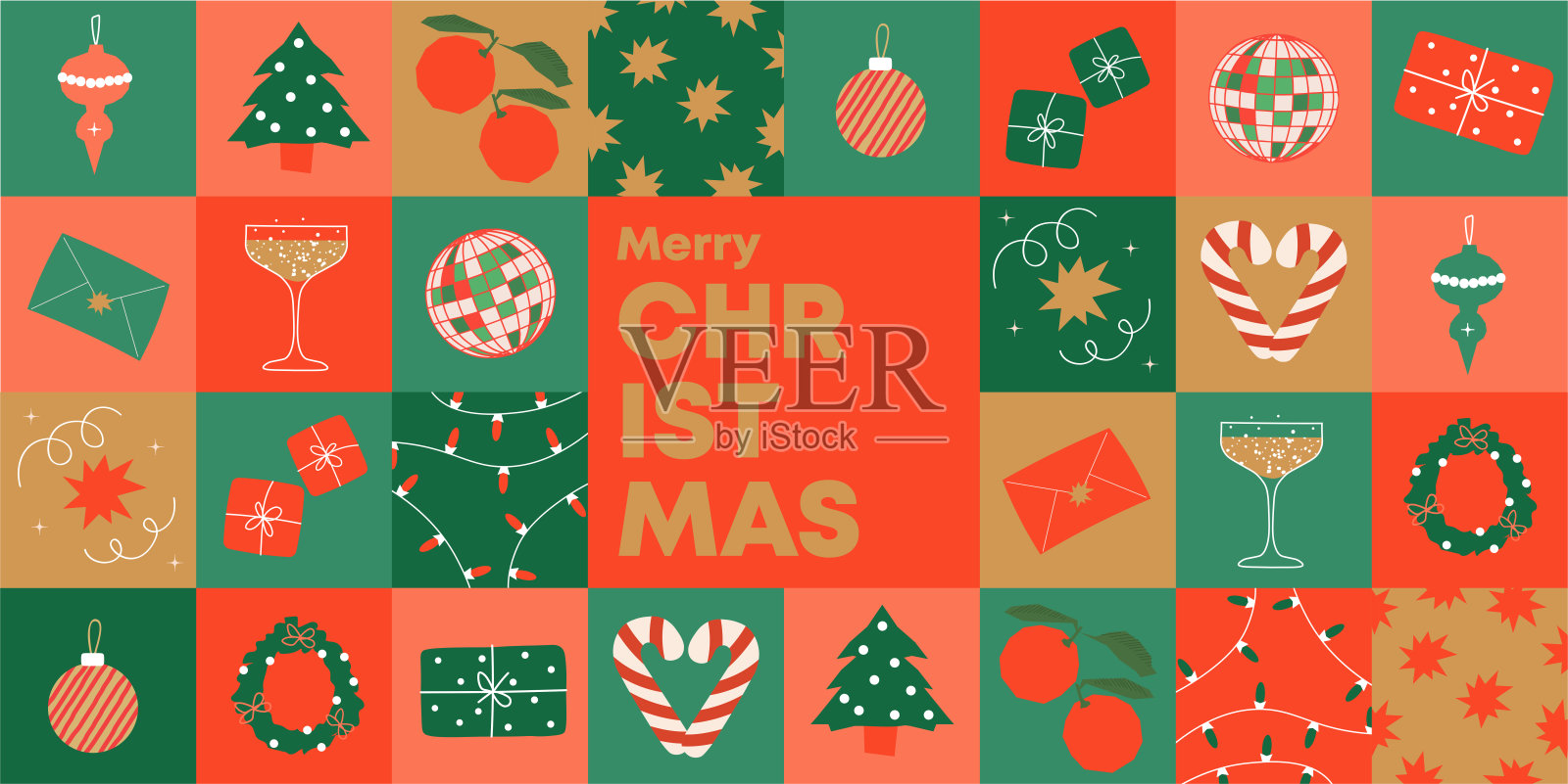 圣诞快乐，新年快乐！2025年。现代可爱的插图，包含圣诞树球、玩具、图案、礼物、糖果棒、圣诞花，用于贺卡、框架、横幅、明信片和背景。插画图片素材