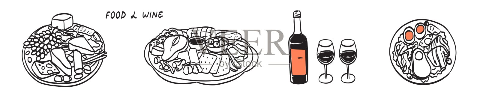 甜蜜生活方式插图，线条涂鸦风格，适用于咖啡馆、餐厅菜单和婚礼装饰。法式或意大利风格的野餐，配有葡萄酒、奶酪和水果。优雅的早餐盘，搭配小吃。插画图片素材