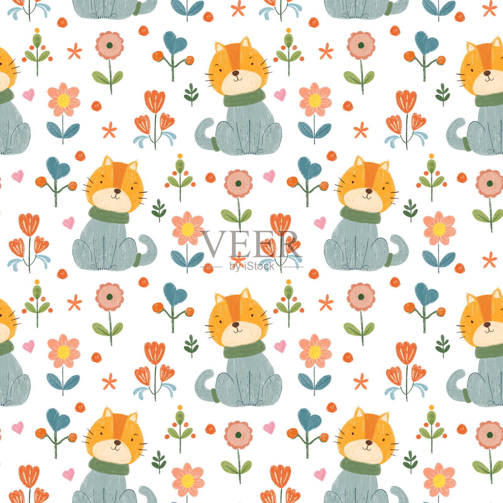 可爱的彩色炭笔涂鸦无缝猫咪图案，猫咪穿着毛衣，周围有春天的花朵，适合用于面料和装饰。照片摄影图片