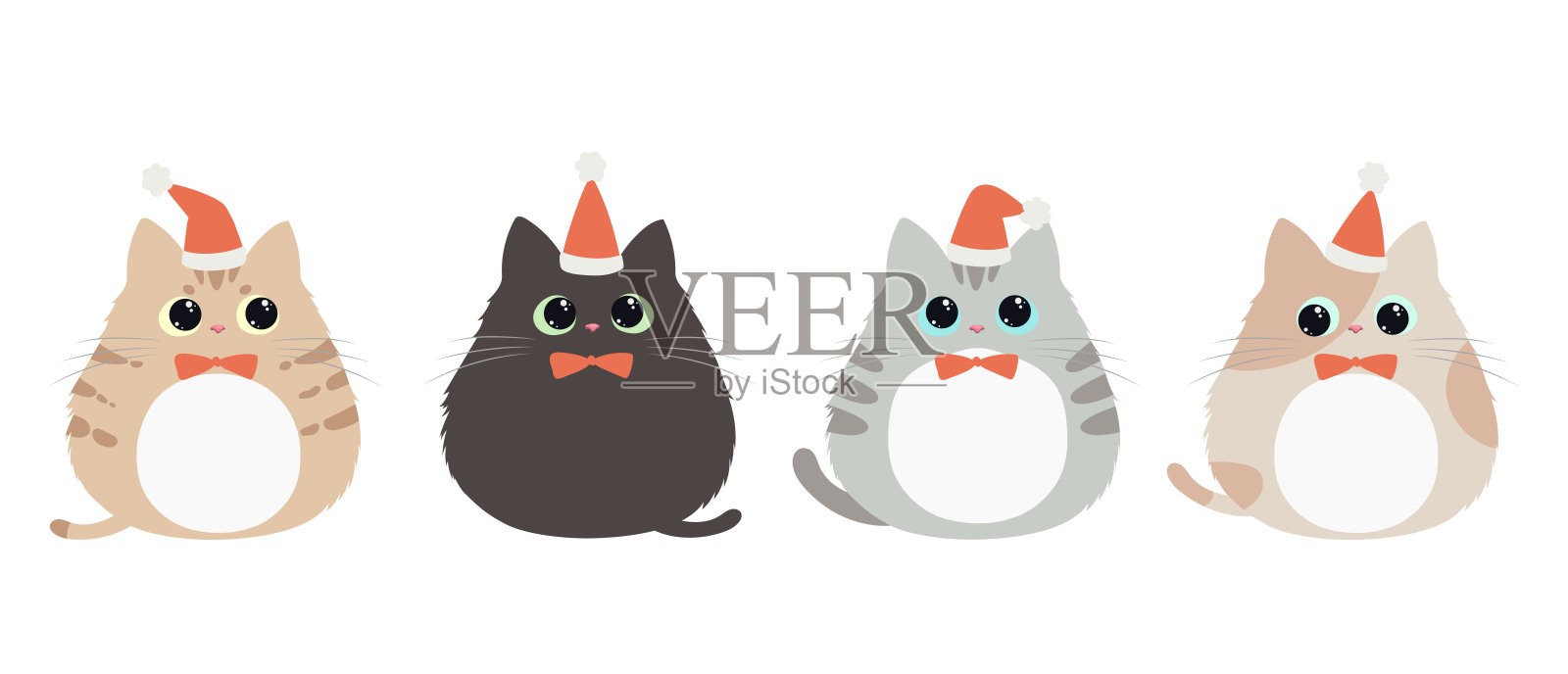 可爱的猫咪戴着圣诞老人帽子的矢量插图。不同颜色的猫以扁平风格设计，独立展示。节日季节。插画图片素材