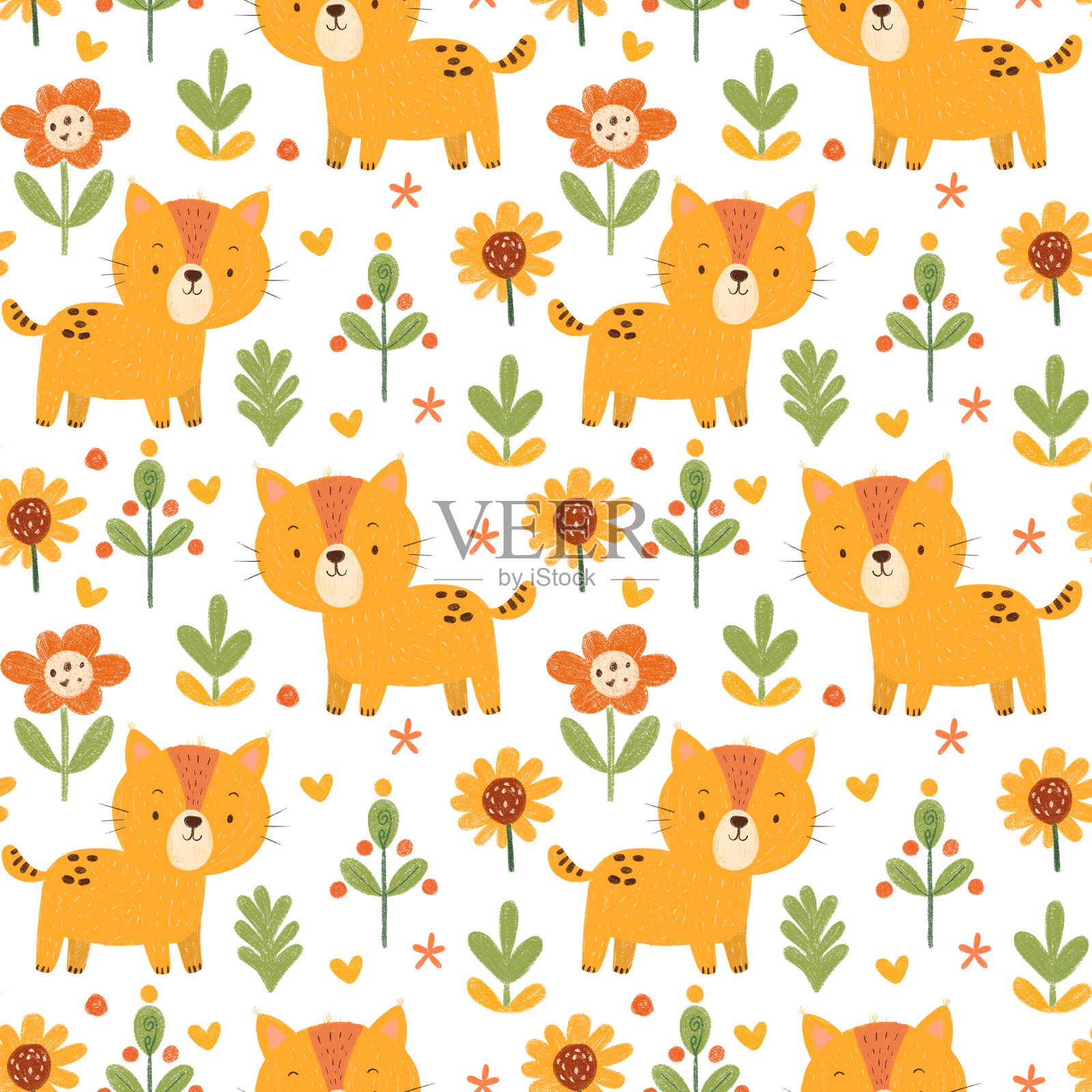 充满奇思妙想的图案，展现了活泼的橙色猫咪与五彩缤纷的花朵和绿叶在浅色背景中的嬉戏。照片摄影图片