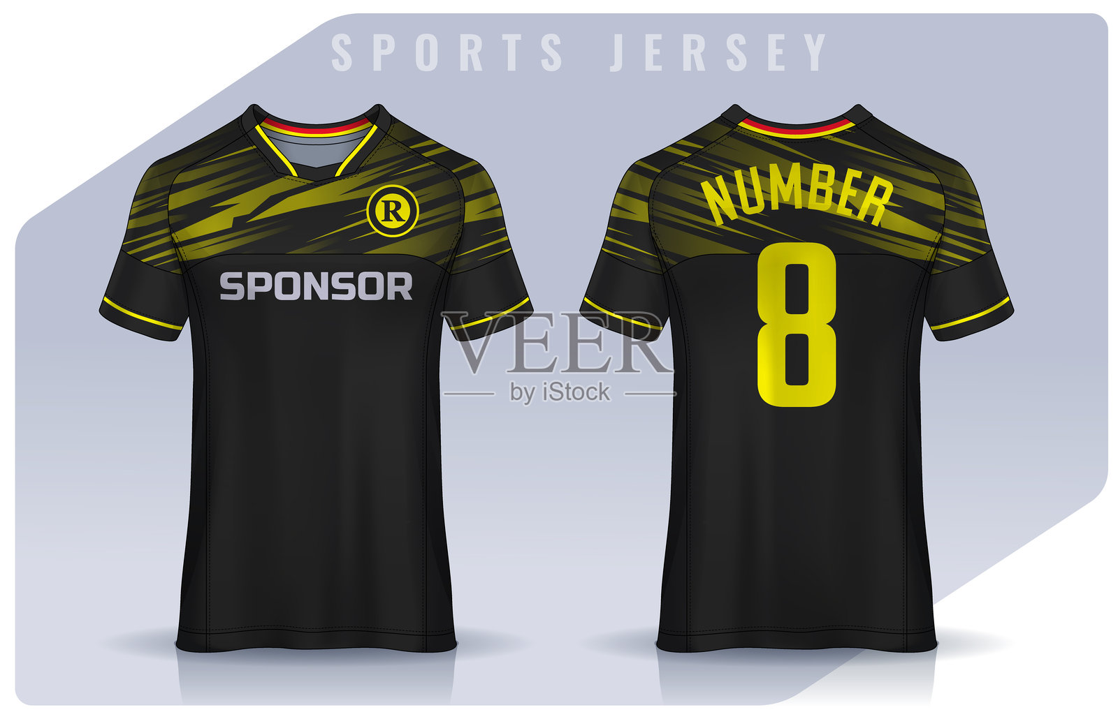 运动T恤的面料设计，足球俱乐部的足球球衣模型，正面视图。插画图片素材