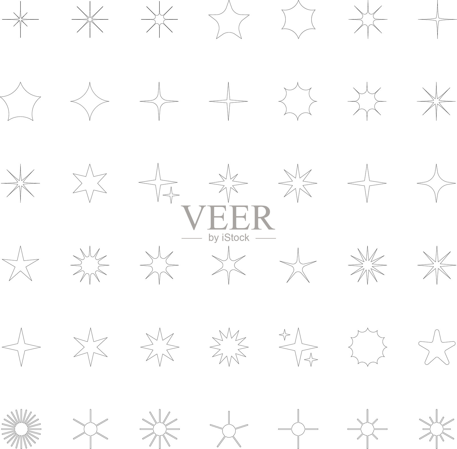 极简主义星星轮廓图标集，闪烁的星星形状符号，图标，元素。现代几何闪光黑色轮廓标志矢量。圣诞节或新年矢量符号。插画图片素材