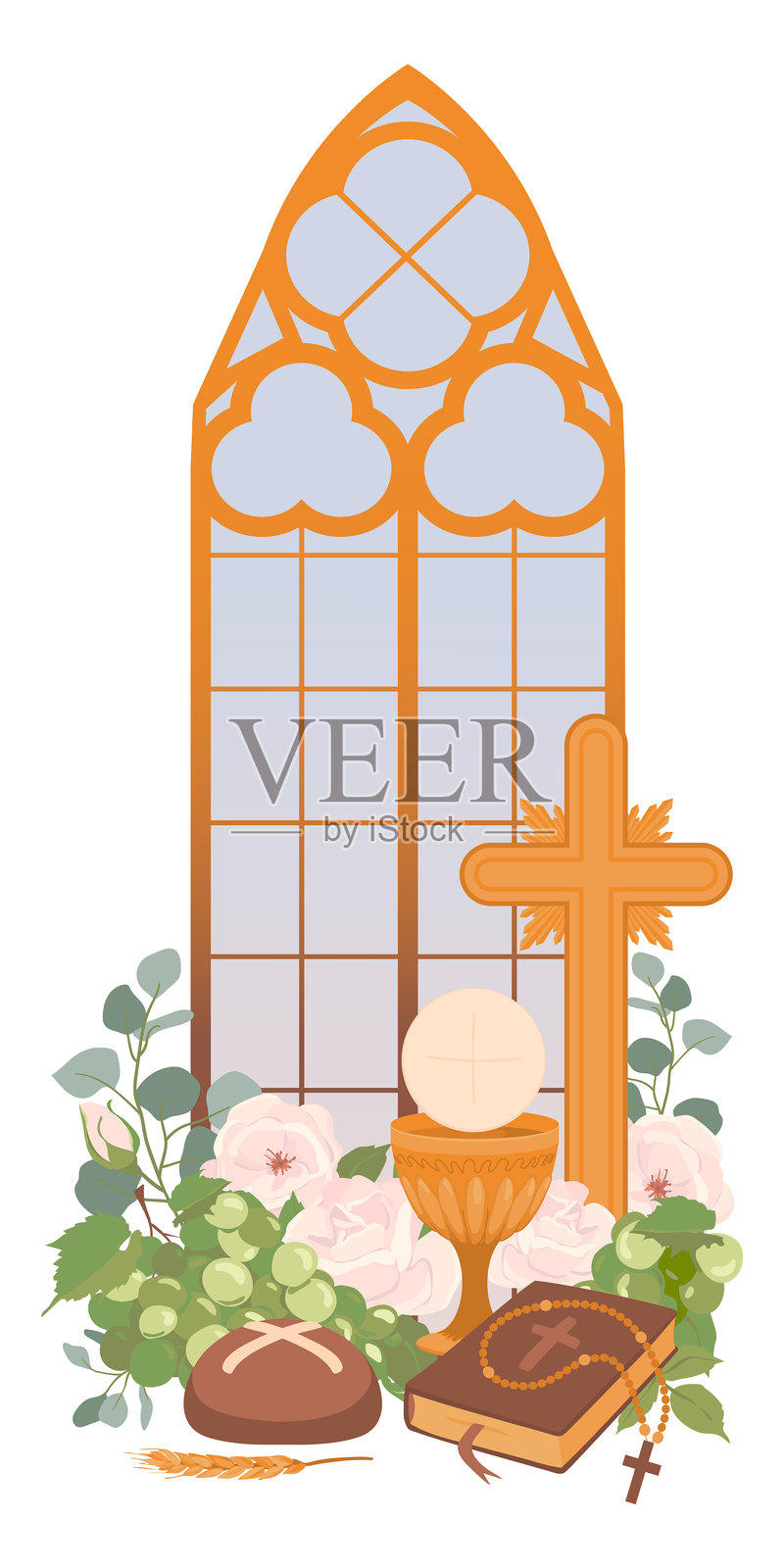 第一次圣餐符号。矢量图。金色酒杯、圣杯、面包、圣经、念珠、葡萄酒、白玫瑰和十字架。教堂中节日装饰的祭坛。节日邀请函和贺卡的剪贴画。插画图片素材