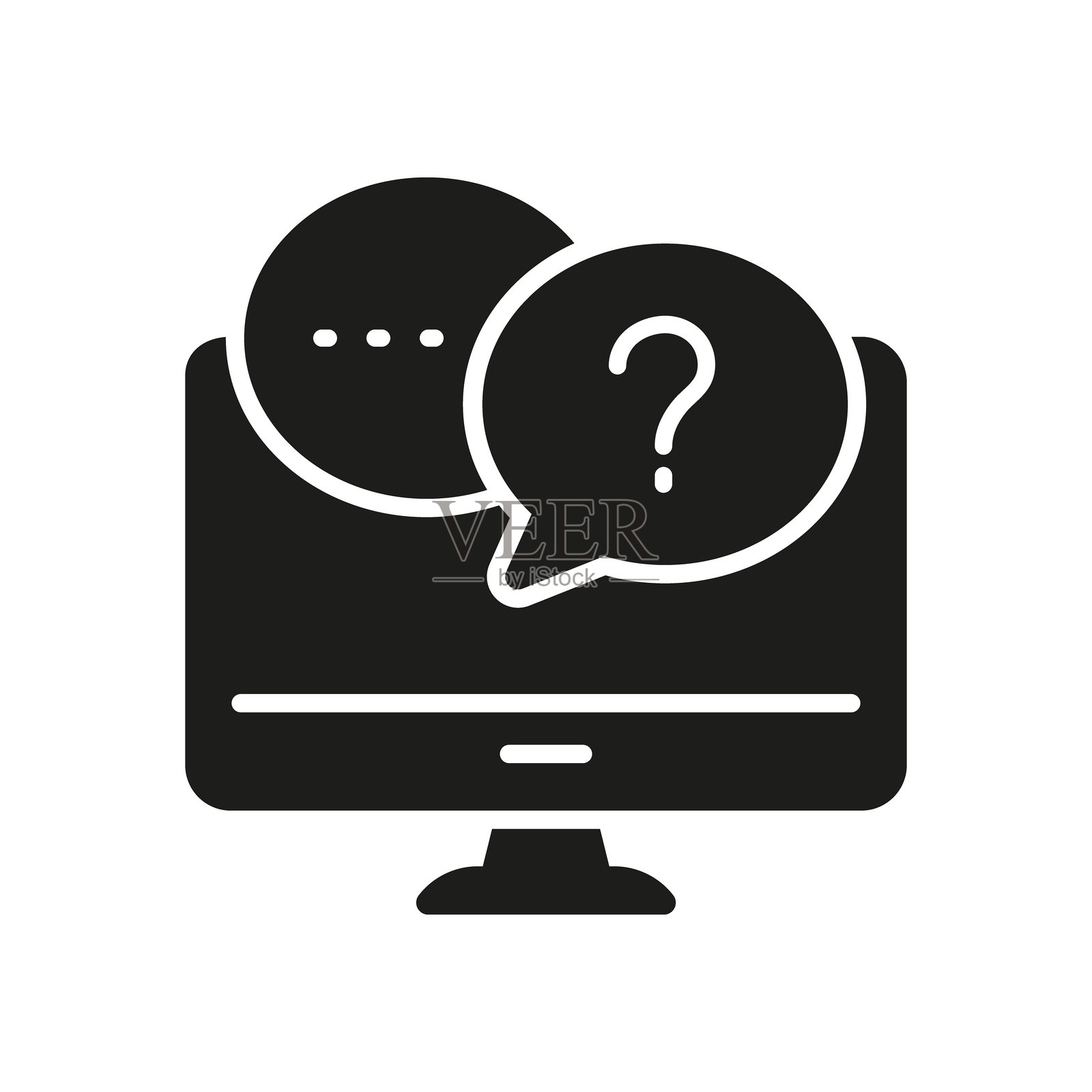 计算机屏幕轮廓图标上的常见问题解答聊天，在线支持和客户沟通。问答对话气泡图形符号在计算机显示器上。孤立的矢量插图。插画图片素材