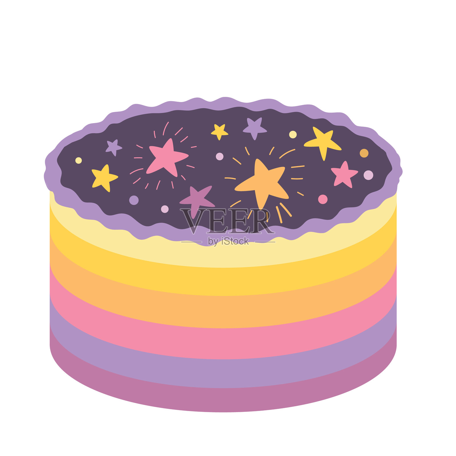 彩虹蛋糕配星星装饰。适合婴儿、儿童和成人派对的有趣生日蛋糕设计。矢量独立插图。插画图片素材