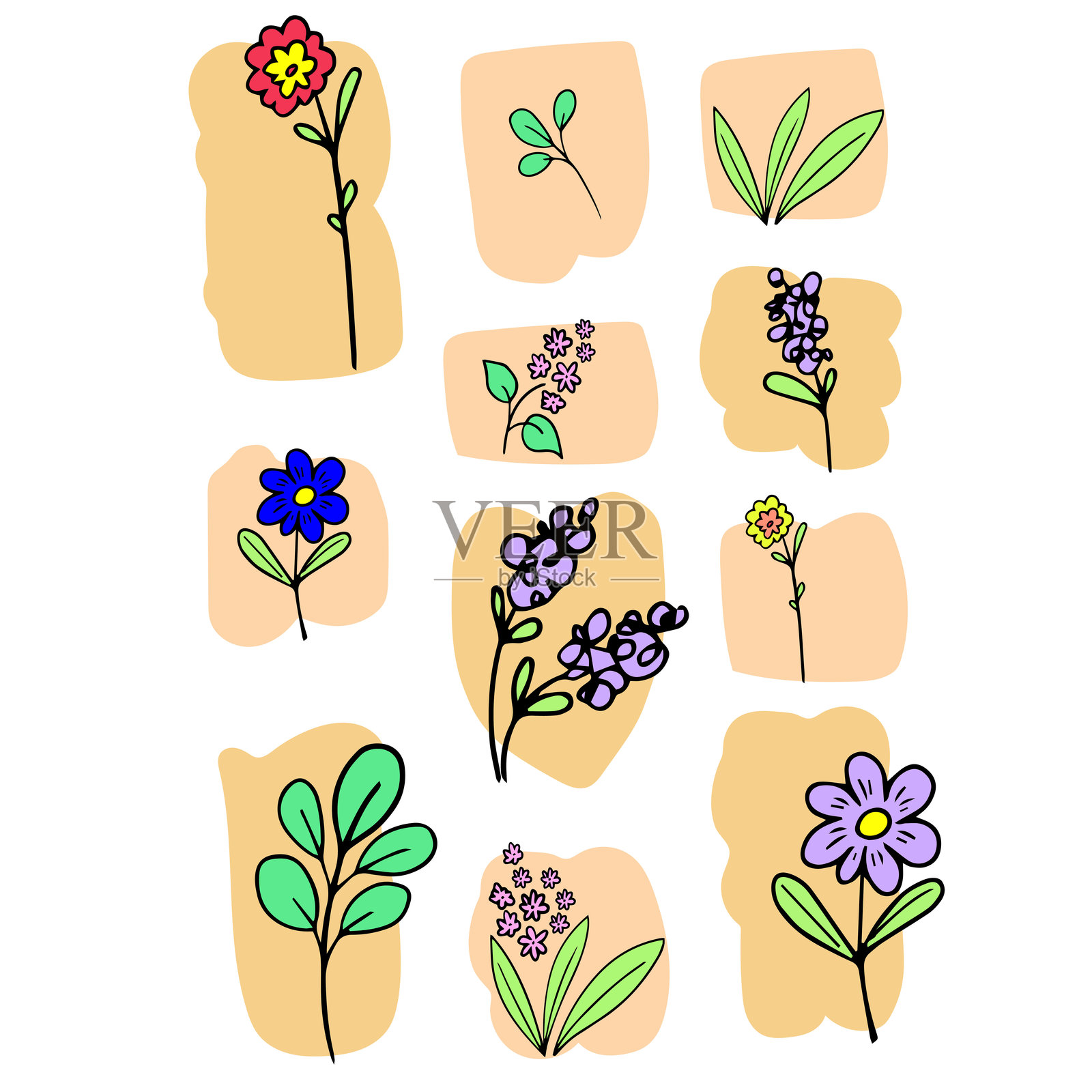 一组9个手绘花卉元素，采用涂鸦风格。非常适合制作可爱和女性化的设计。插画图片素材