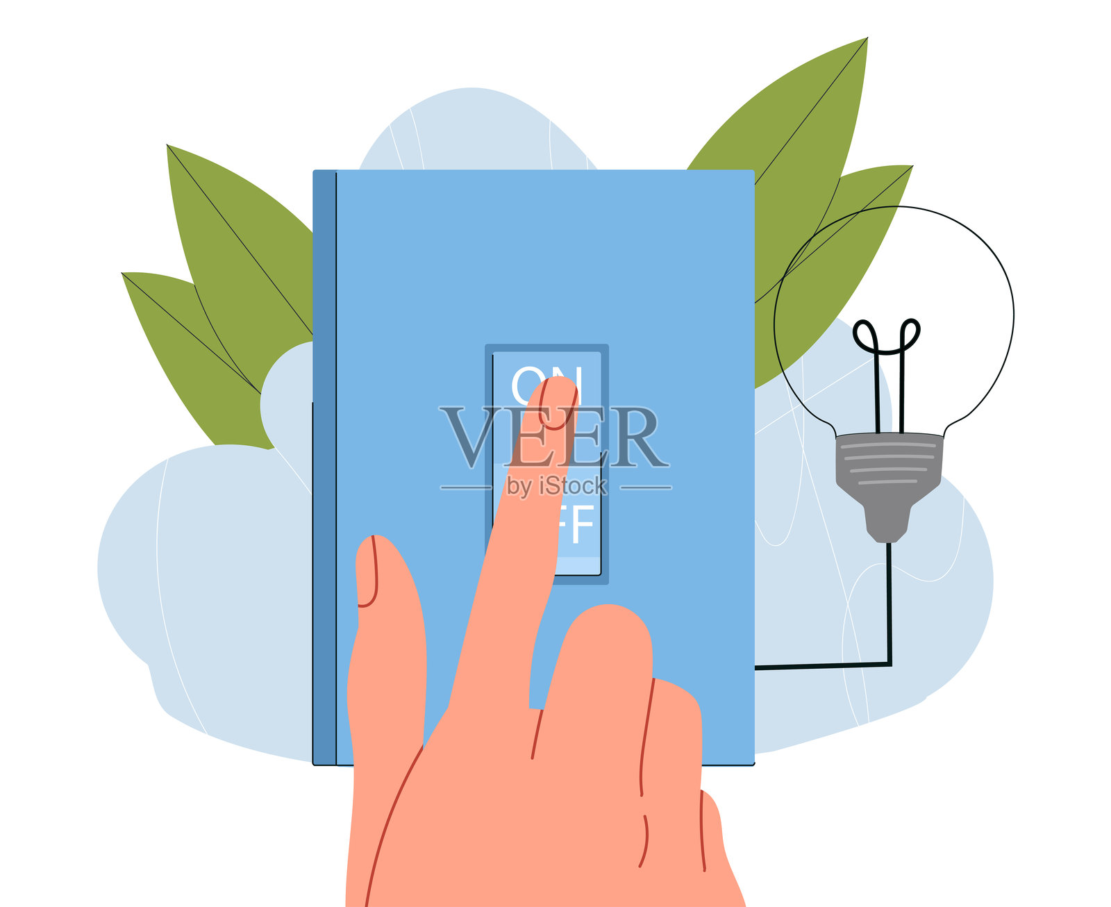 关灯。一个人在办公室或公寓里关灯。关心环境，节约电力。手按下开关。扁平化矢量插图插画图片素材