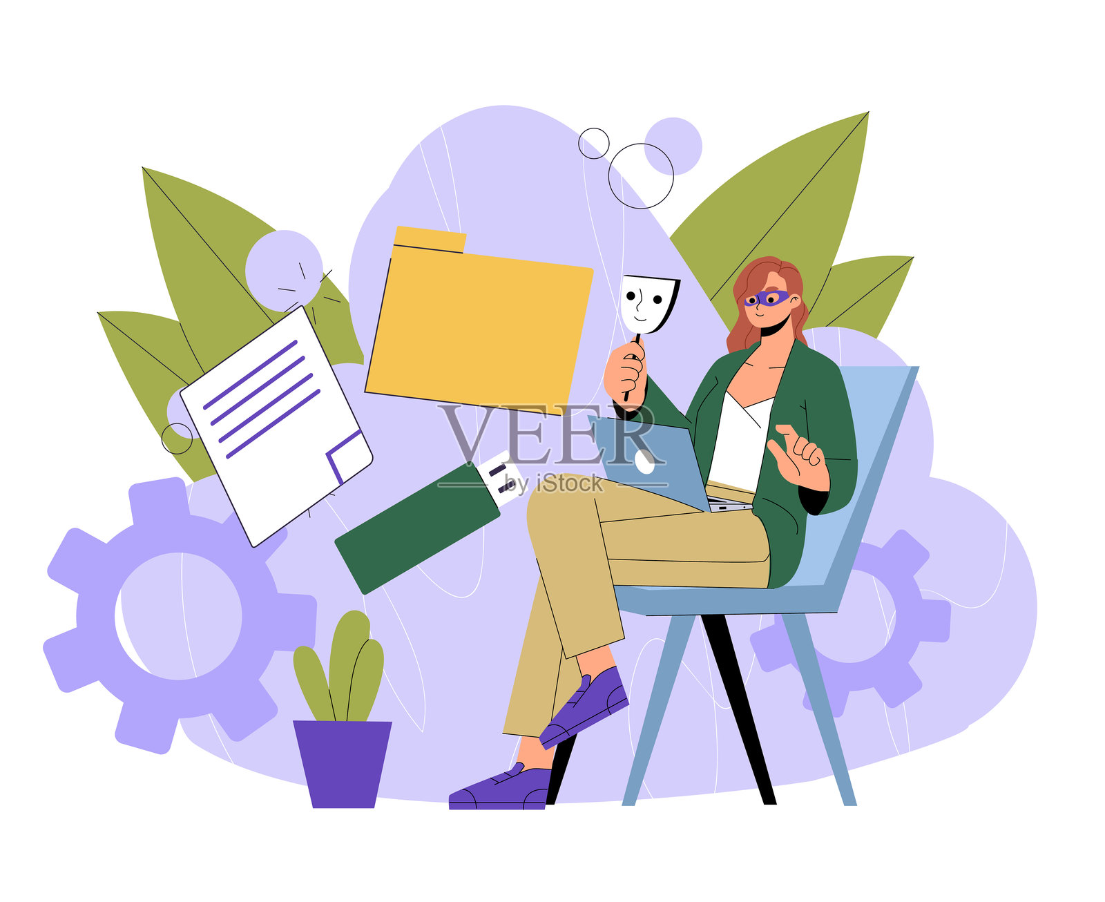 信息盗窃。使用笔记本电脑的女性在互联网上窃取个人数据。在线危险与黑客。垃圾邮件与诈骗，网络犯罪。扁平化矢量插图插画图片素材