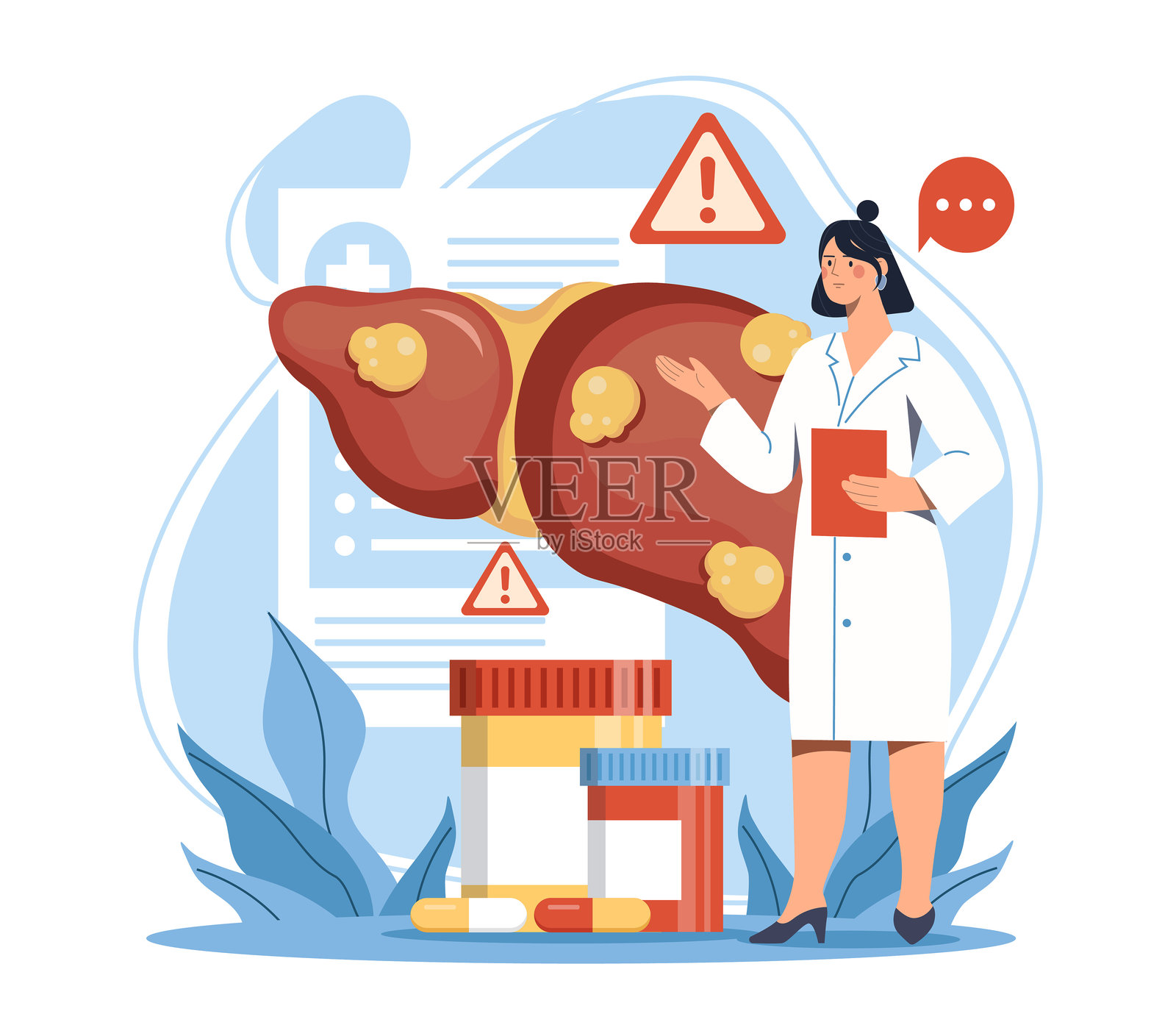 脂肪肝病。穿着医疗制服的女性在感染的内脏旁边。诊断与治疗。医疗与健康。扁平矢量插图插画图片素材