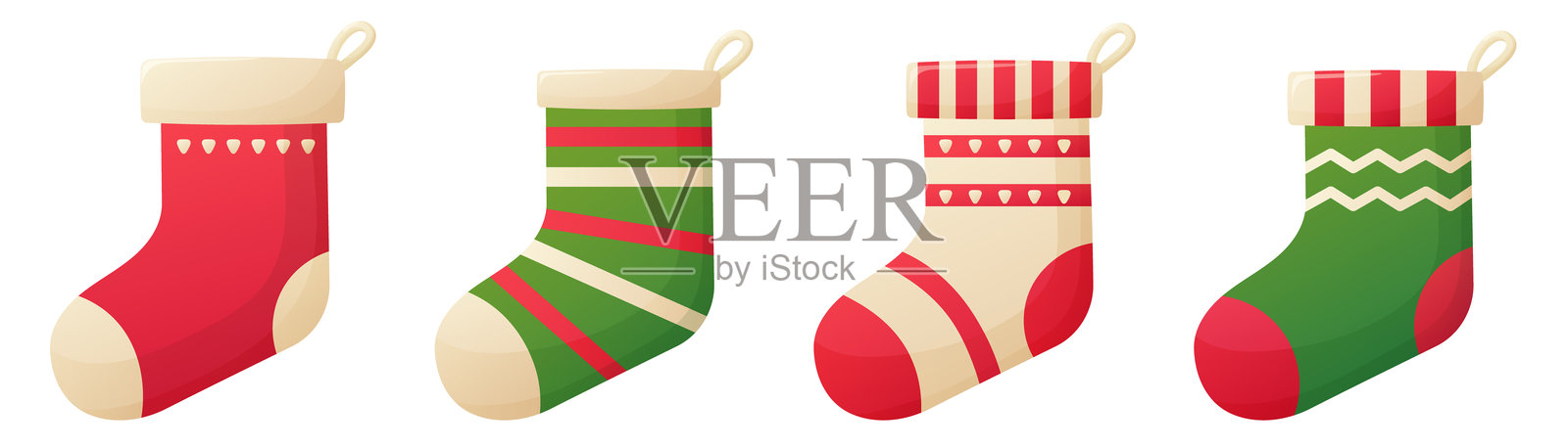 圣诞袜套装，新年装饰，圣诞长袜，圣诞老人礼物，温暖的冬季袜子，红色，绿色，白色，矢量插图插画图片素材