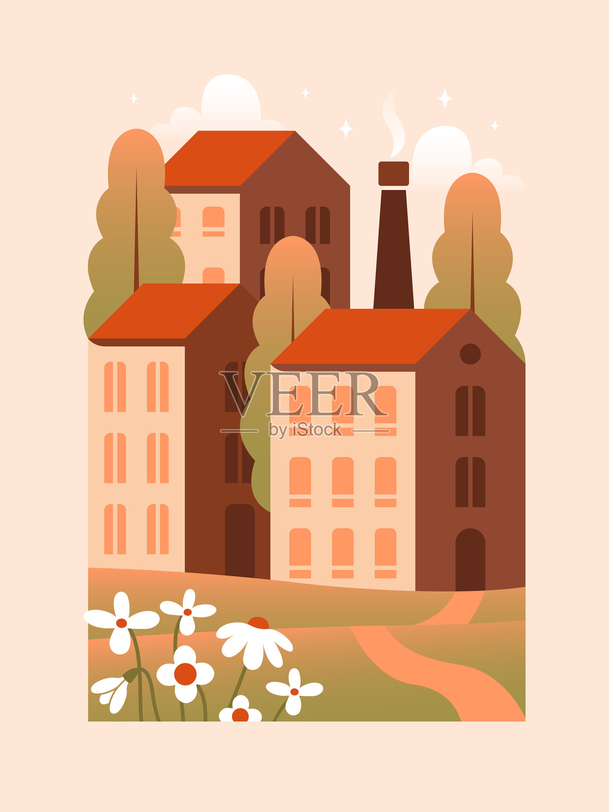 矢量城市。简单的图形插图，包含城市景观、建筑、房屋、基础设施、花朵、树木和云朵。户外场景。扁平设计。适用于设计卡片、横幅、海报。现代风格。插画图片素材