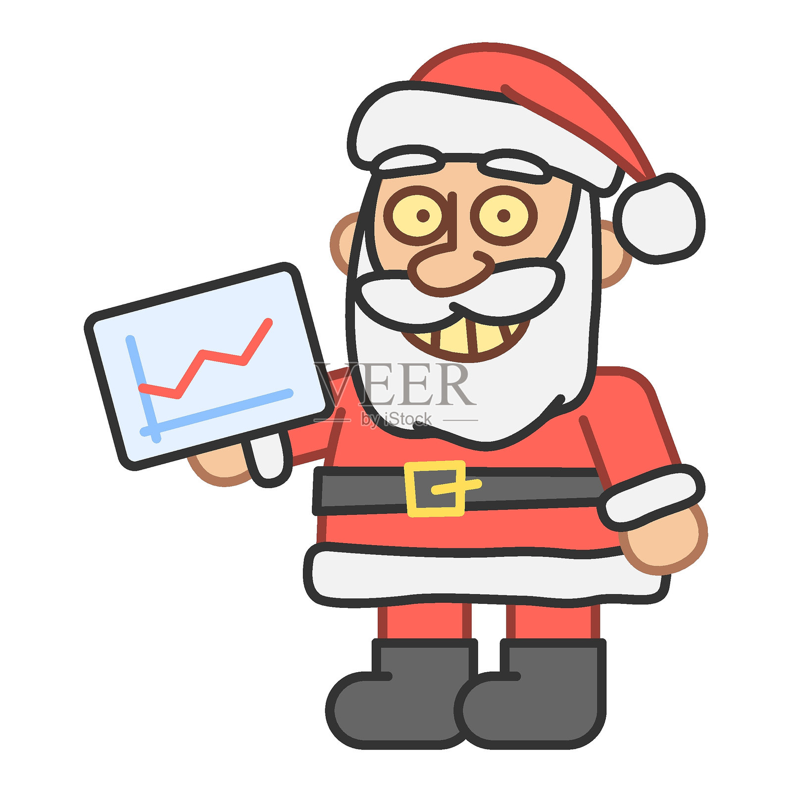 圣诞老人手持数字平板，面带微笑，查看商业图表插画图片素材