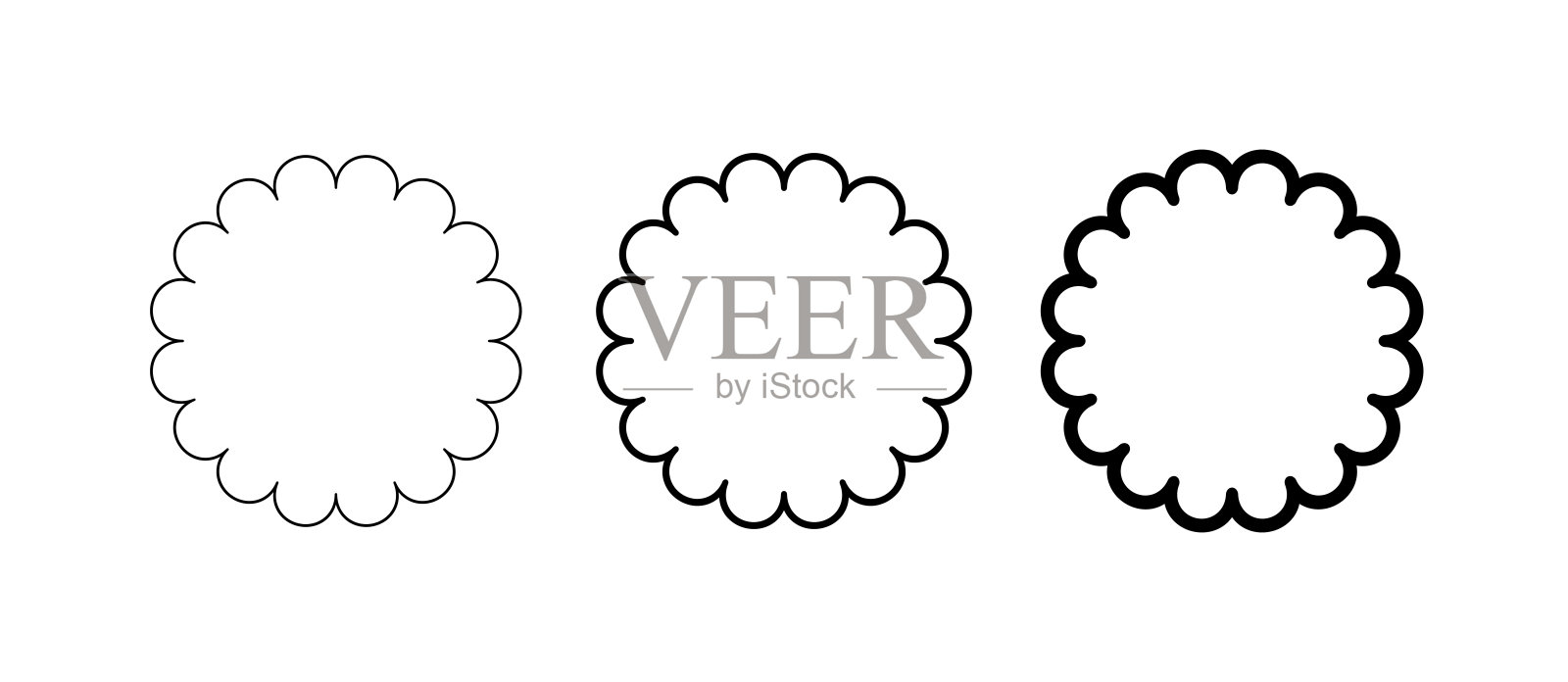 圆形波浪边框。波浪边缘的圆形边界。简单的标签和贴纸形式。花朵剪影蕾丝框架。矢量插图，背景为白色。插画图片素材