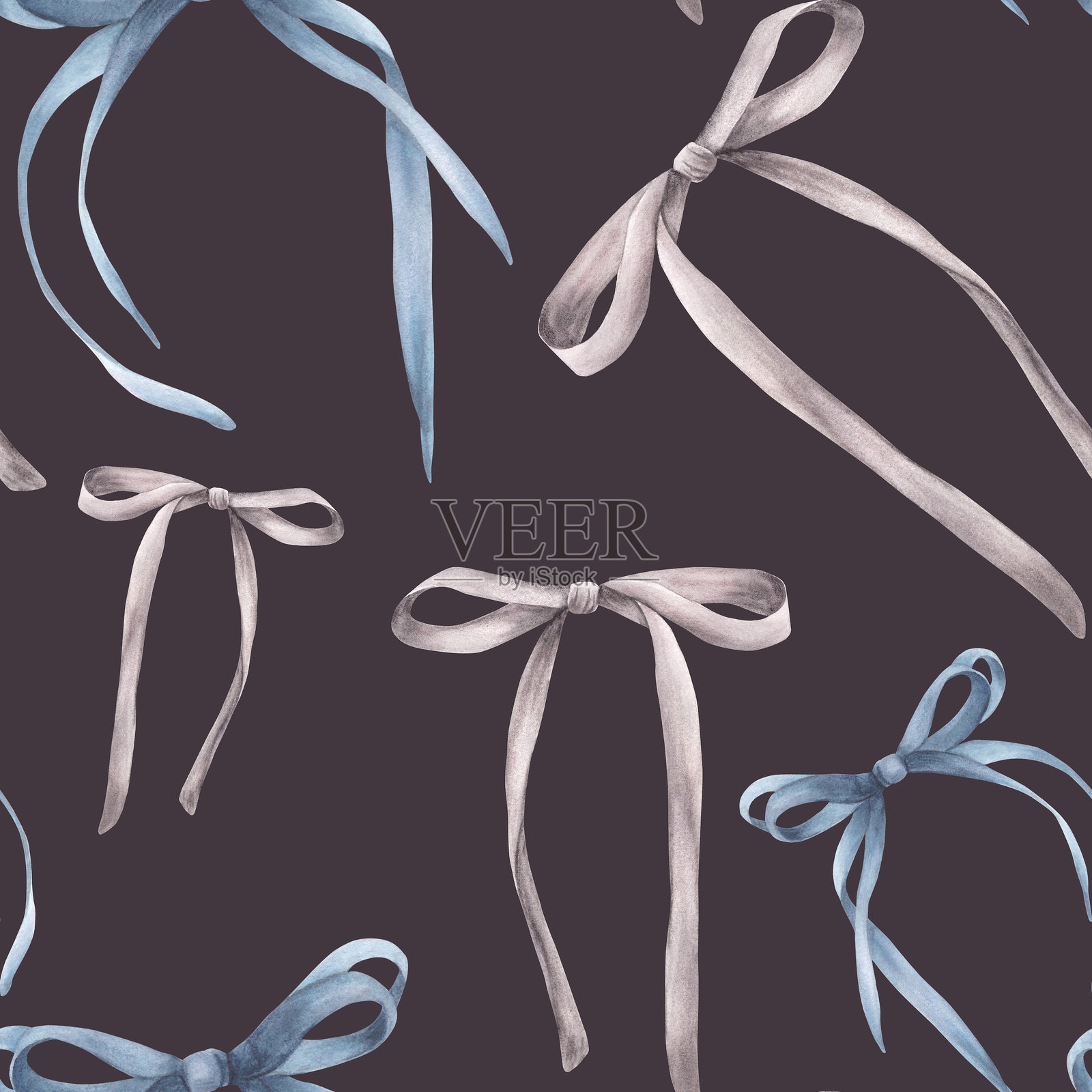 水彩蝴蝶结和丝带无缝图案。女孩的蓝色和灰色发夹插图。手绘插图照片摄影图片