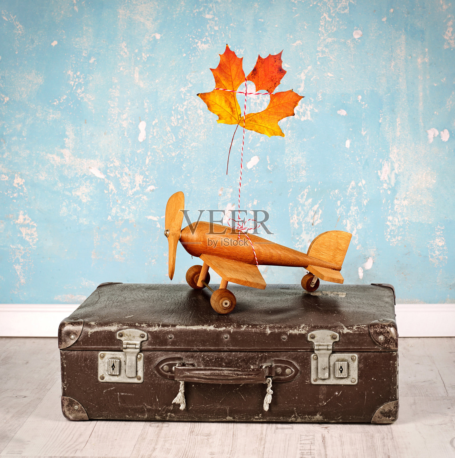 带有五彩斑斓叶子的木制飞机，秋天和旅行的概念照片摄影图片