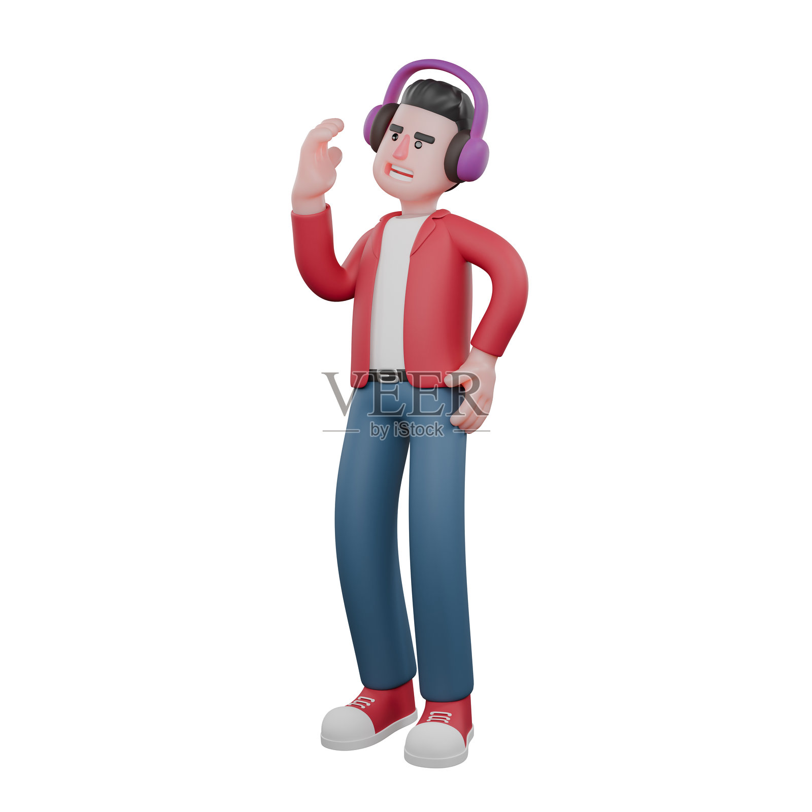 3D卡通音乐表演者。一位男歌手站着，戴着耳机在听音乐。动画歌手照片摄影图片
