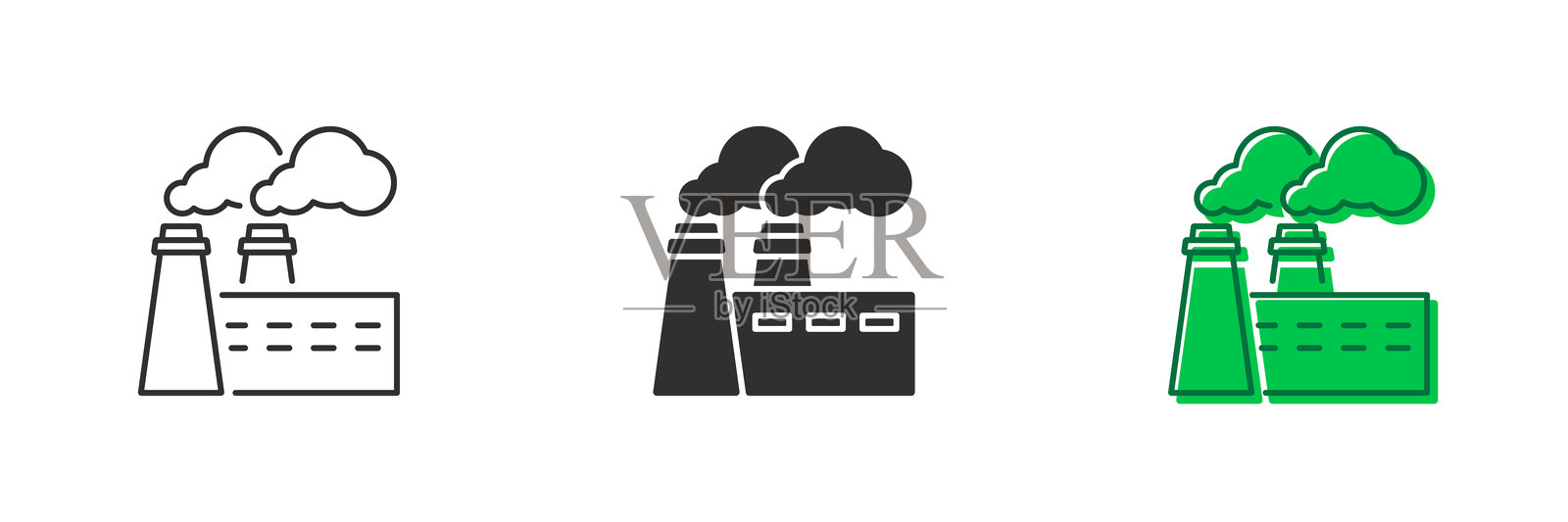 工业工厂污染线条和轮廓图标集。工业生产污染图标。炼油厂重工业图标。可编辑的线条。孤立的矢量插图。插画图片素材