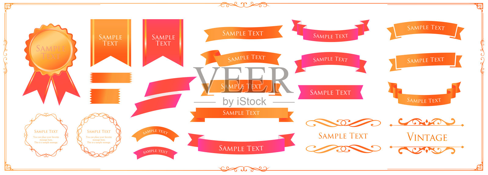 丝带装饰设计套件及古典边框和框架设计插画图片素材