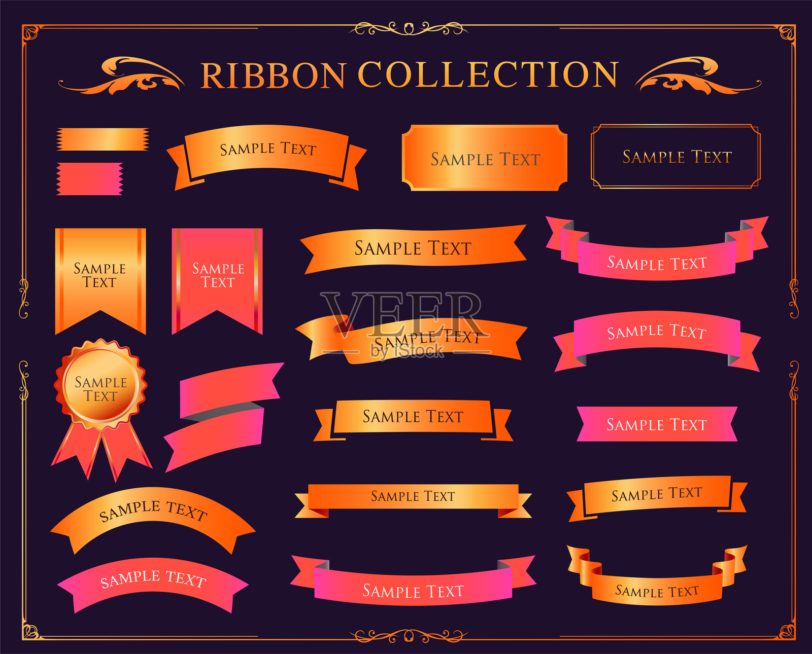 丝带装饰设计套件及古典边框和框架设计插画图片素材