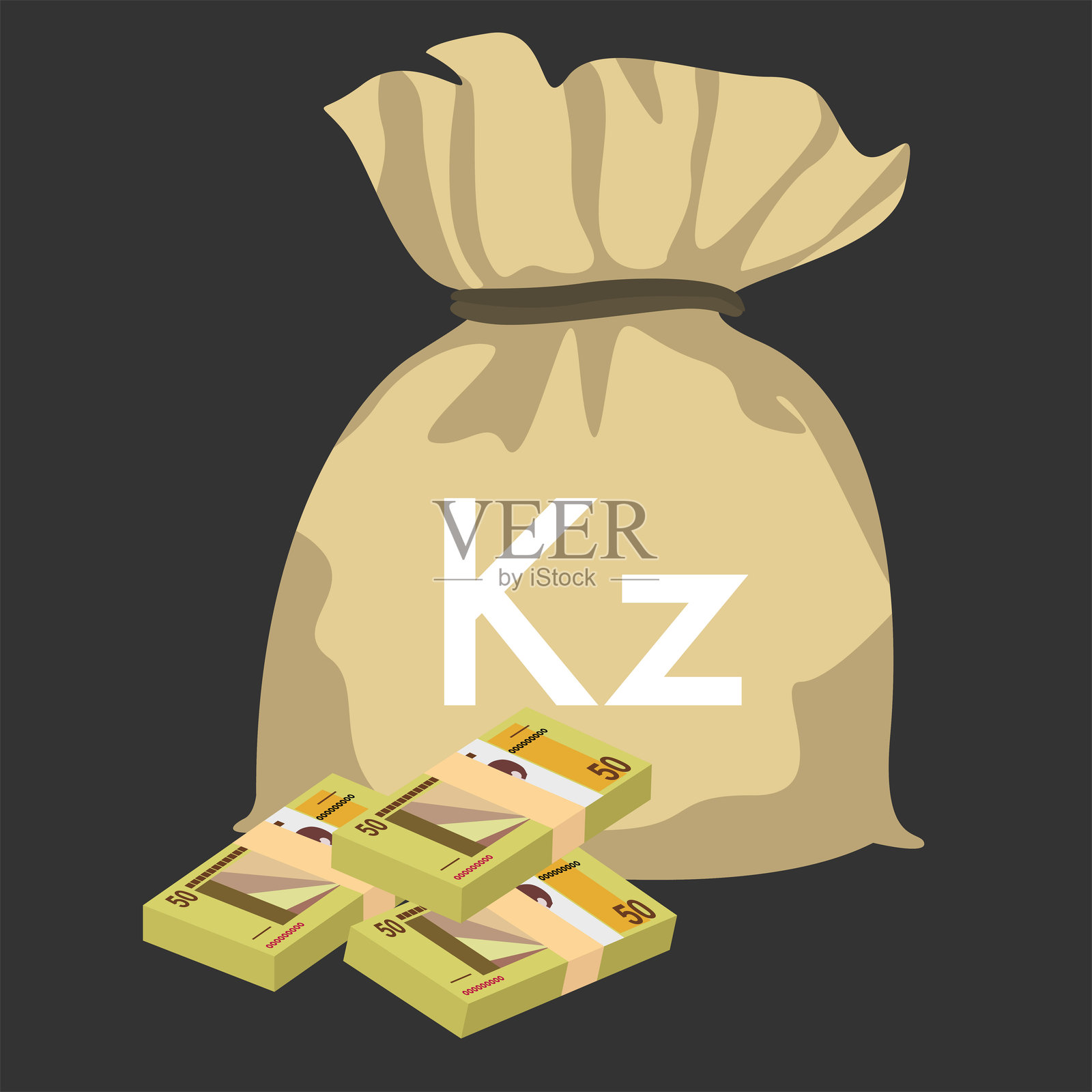 安哥拉宽扎矢量插图。安哥拉货币套装捆绑钞票。50 AOA的钱袋。扁平风格。白色背景上孤立。简单的极简设计。插画图片素材