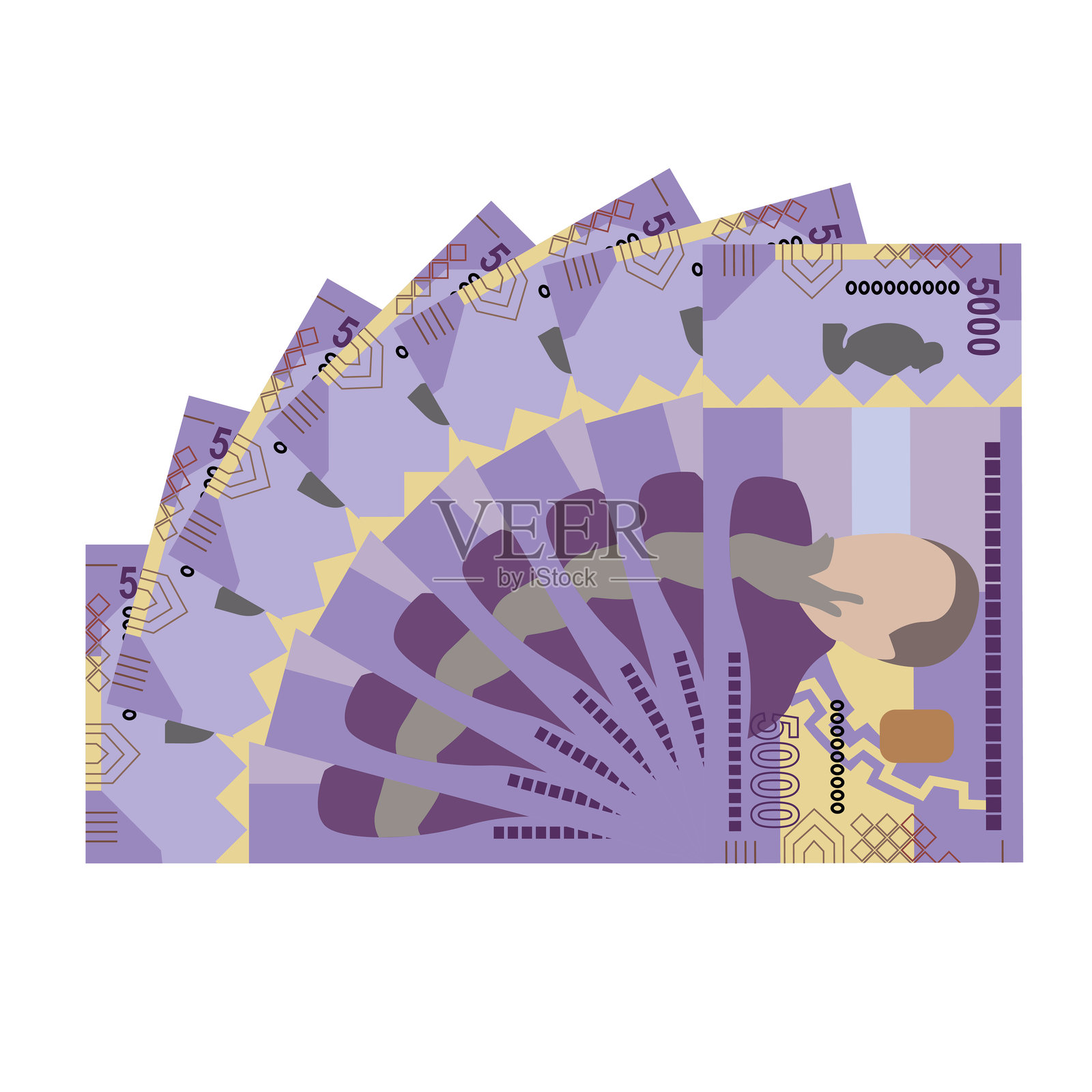 安哥拉宽扎矢量插图。安哥拉货币套装捆绑钞票。纸币5000 AOA。扁平风格。白色背景上独立展示。简单的极简设计。插画图片素材