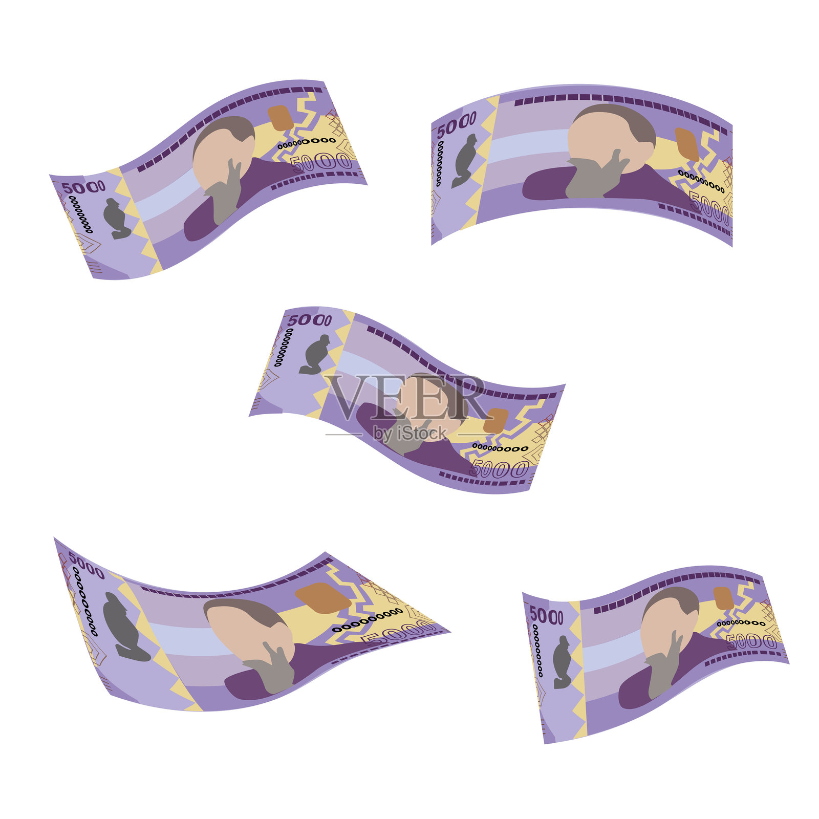 安哥拉宽扎矢量插图。安哥拉货币套装捆绑钞票。5000 AOA的钞票在空中飞舞。扁平风格。白色背景下的简单极简设计。插画图片素材