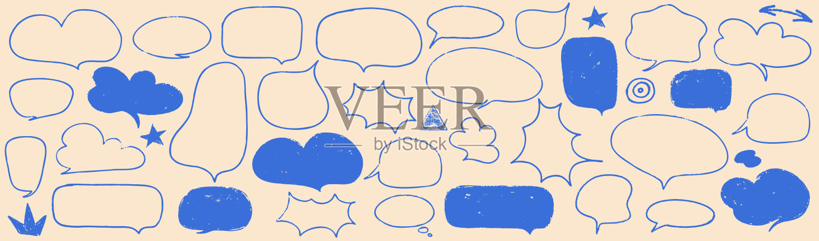 蜡笔对话气泡儿童套装。圆形、云形和星形文本框。粉笔质感的对话气球。用于对话和儿童漫画设计的蜡笔气泡。矢量插图。插画图片素材