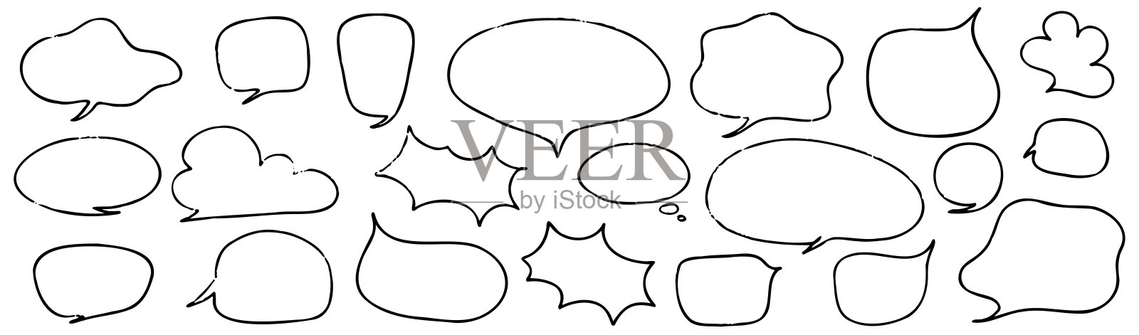 蜡笔对话气泡儿童套装。圆形、云形和星形文本框。粉笔质感的对话气球。用于对话和儿童漫画设计的蜡笔气泡。矢量插图。插画图片素材