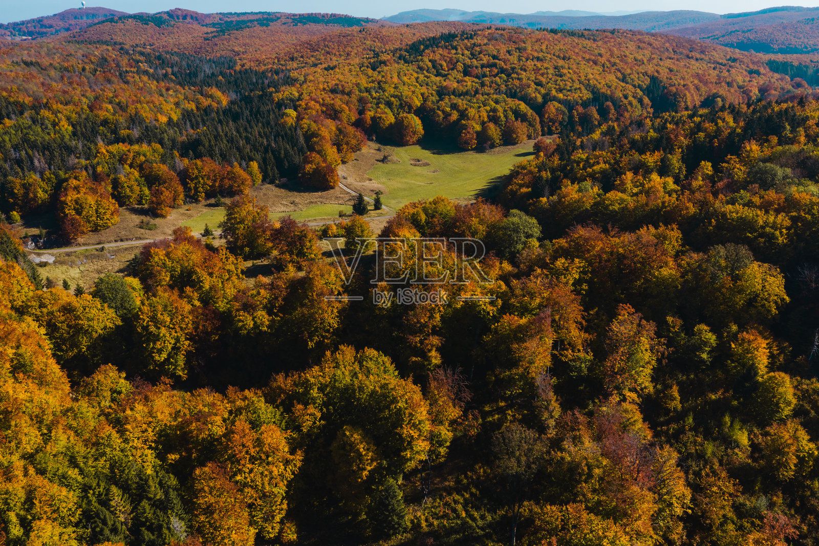 秋季森林山谷的鸟瞰图，五彩斑斓的树木。照片摄影图片