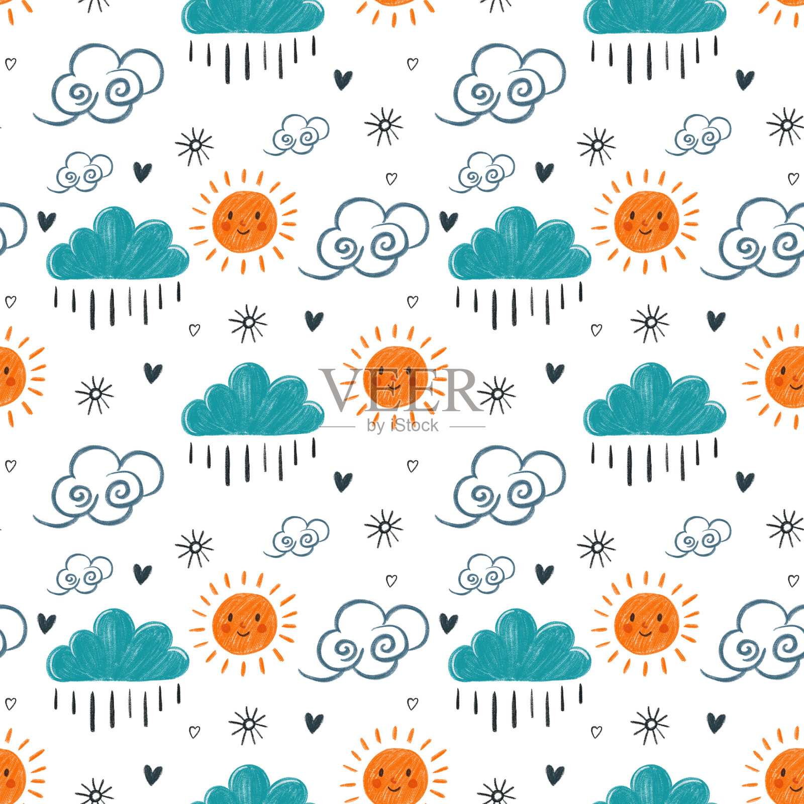 无缝手绘天气图案，包含俏皮的云朵、太阳和雨水，适合儿童设计照片摄影图片