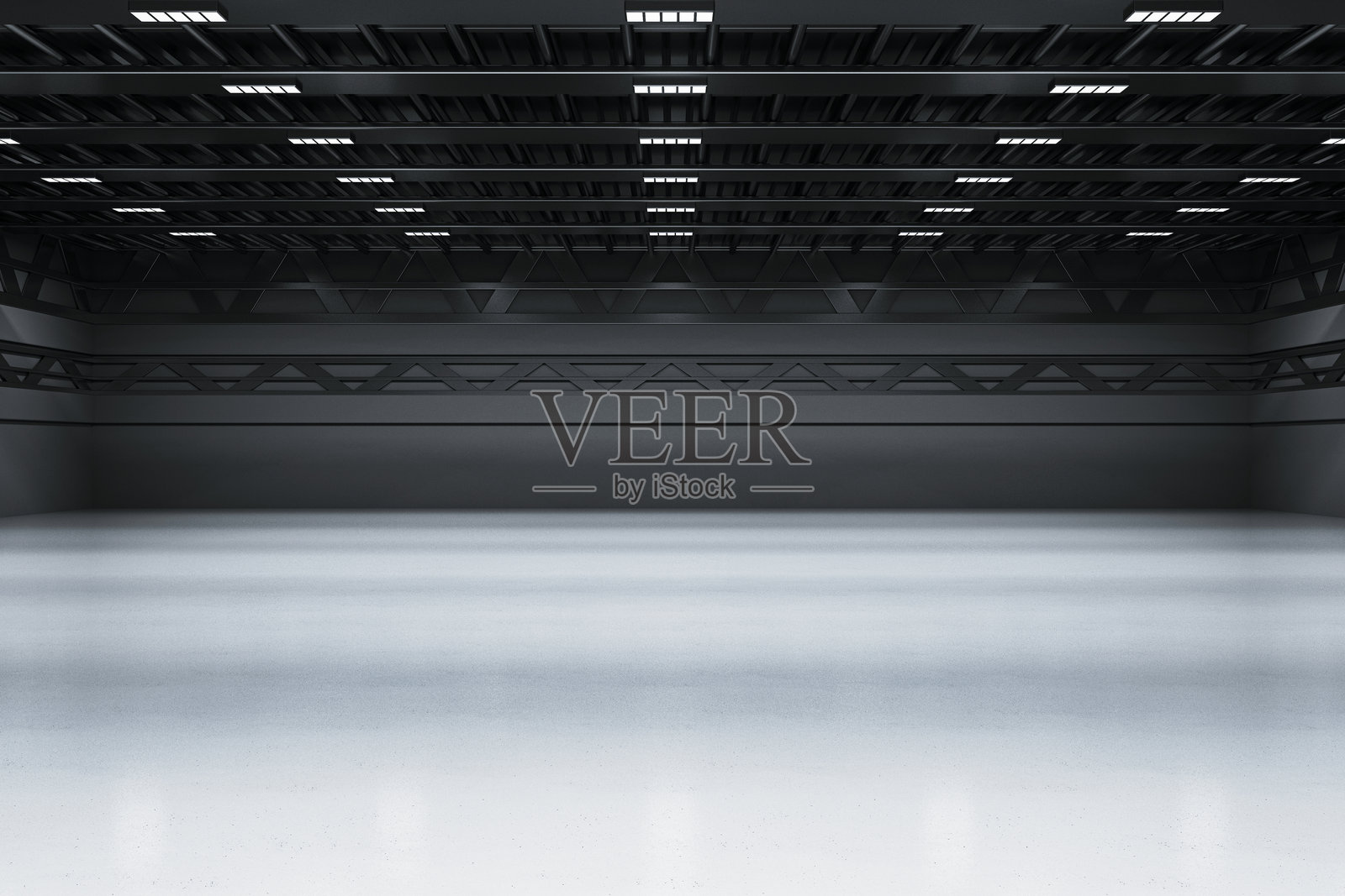 现代工业机库内部空旷，拥有宽敞的空间和金属天花板。3D渲染图照片摄影图片