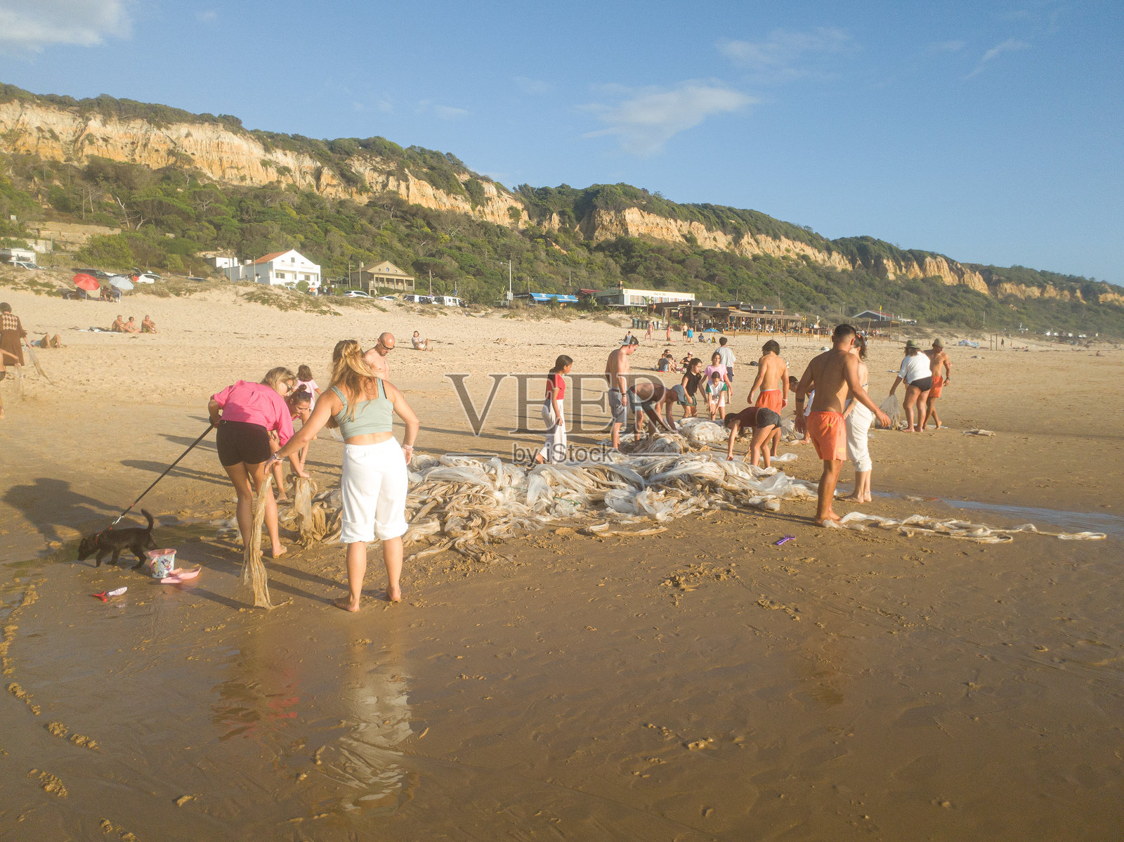 人们在收集来自海洋的塑料垃圾。环境犯罪。照片摄影图片