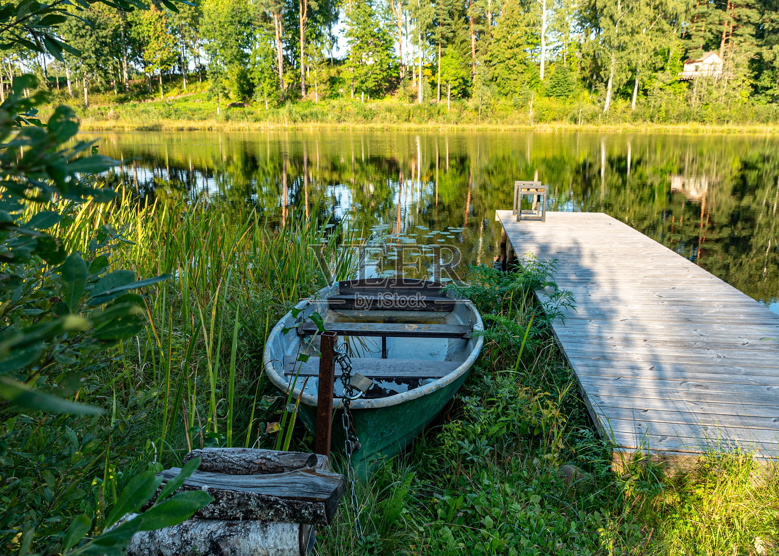 美丽的风景，湖边有一小片森林湖泊，湖岸上停着一只船，傍晚的光线照耀着清澈的湖水。照片摄影图片