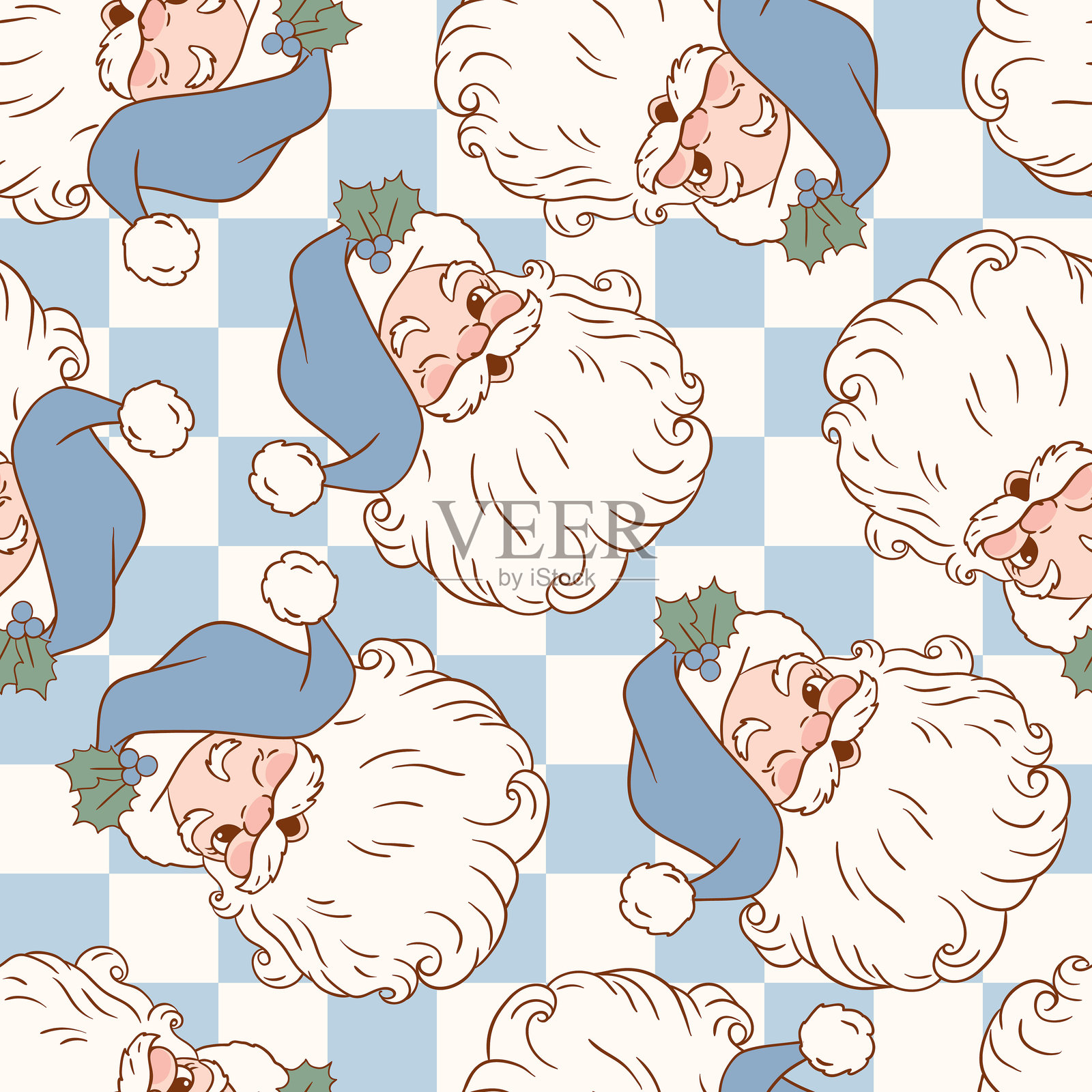 无缝矢量图案，带有可爱的复古圣诞老人。手绘复古圣诞图案。格子背景。非常适合纺织品、壁纸或婴儿房印刷设计。EPS10矢量文件。插画图片素材