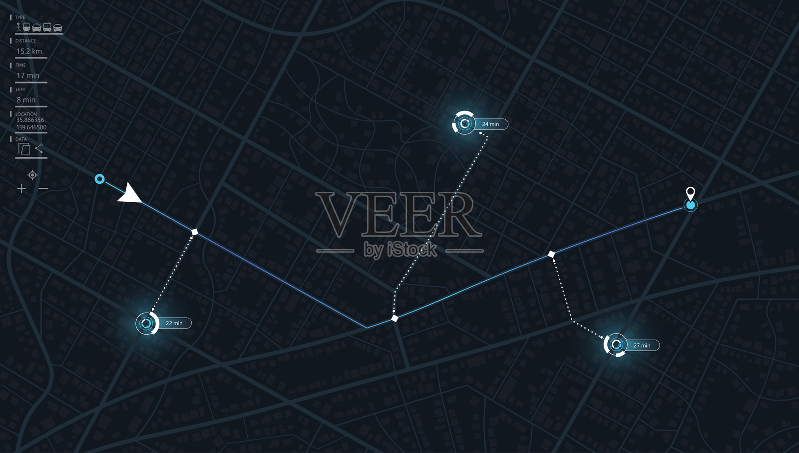 在线位置追踪。基于到达时间数据的配送路线优化，背景为巨大的城市地图，包含道路和街道。矢量插图。插画图片素材