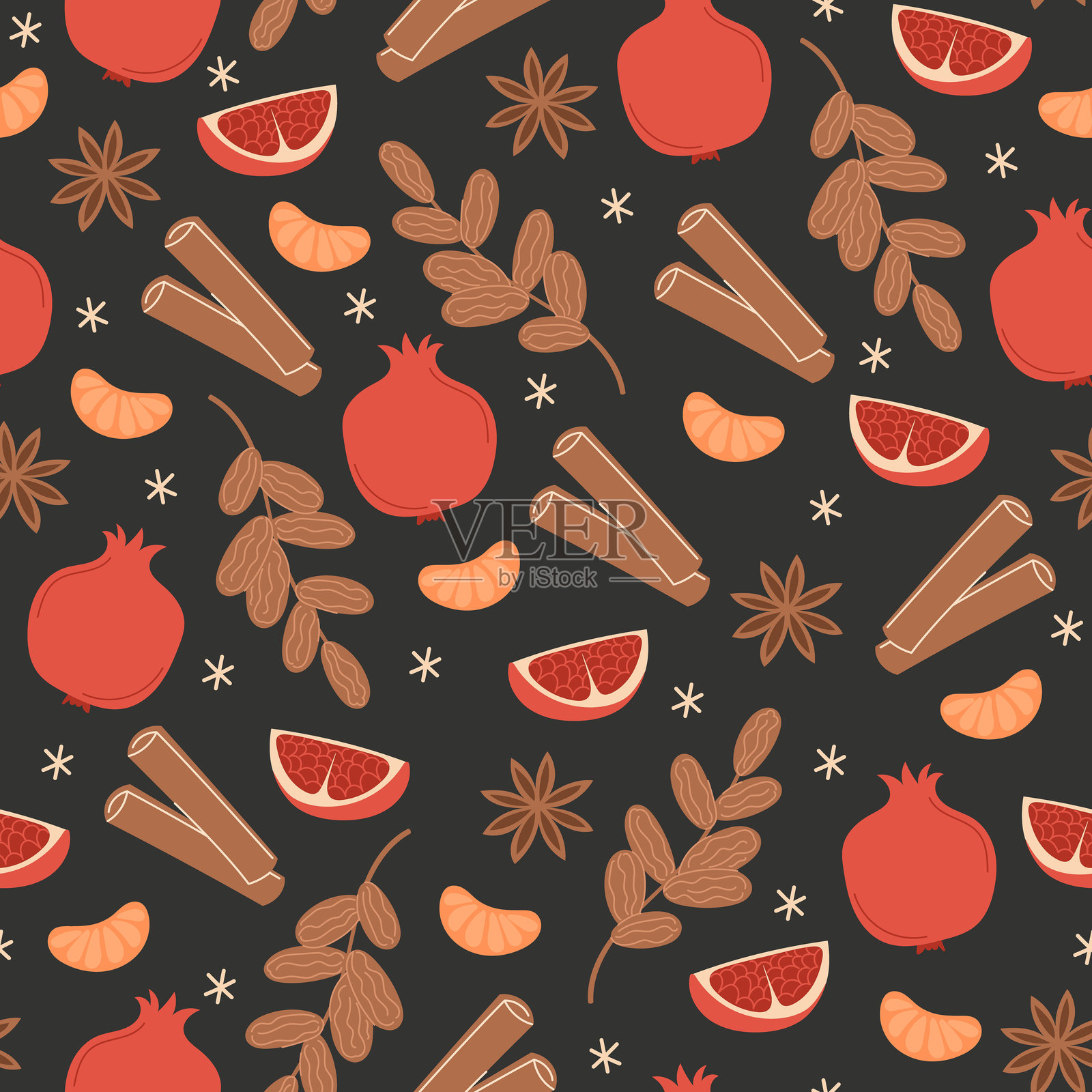 无缝圣诞图案，包含冬季水果、香料和雪花，背景为深色插画图片素材