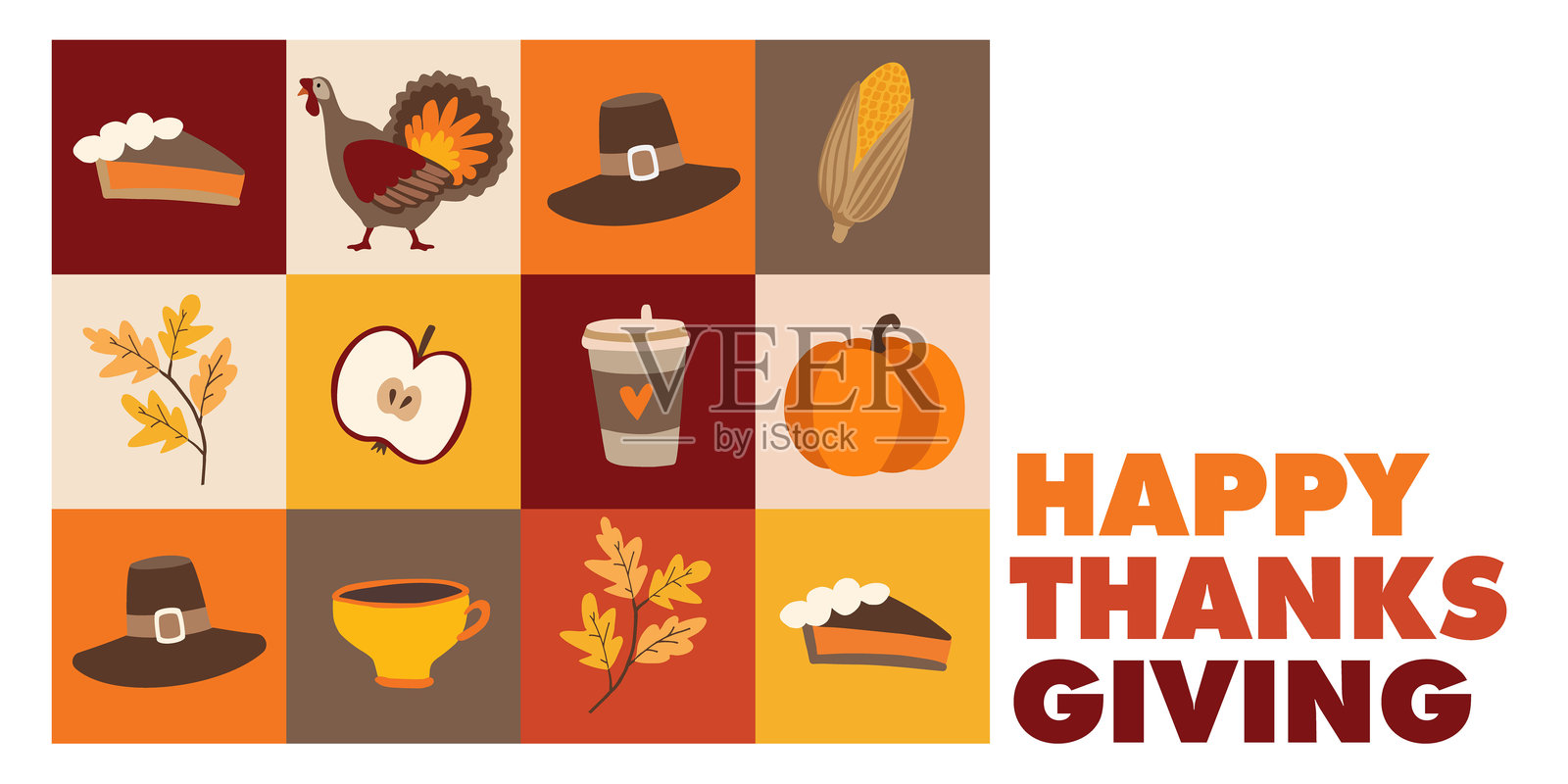 感恩节贺卡邀请。秋季节日图标。几何无缝图案。火鸡、南瓜派、玉米。五彩缤纷的树叶、拿铁咖啡杯。矢量插图背景。现代印刷。插画图片素材