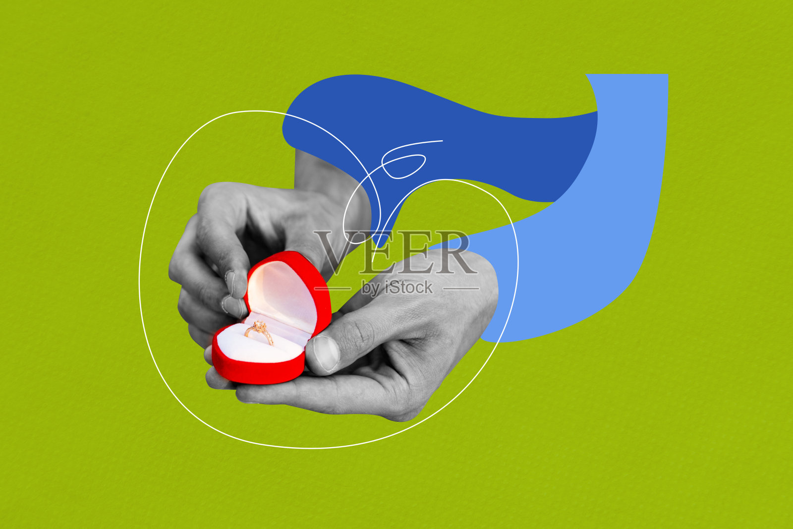 三维草图合成趋势艺术作品，照片拼贴展示两只巨大的手指捧着一个打开的盒子，里面是婚礼戒指，作为求婚惊喜礼物。照片摄影图片