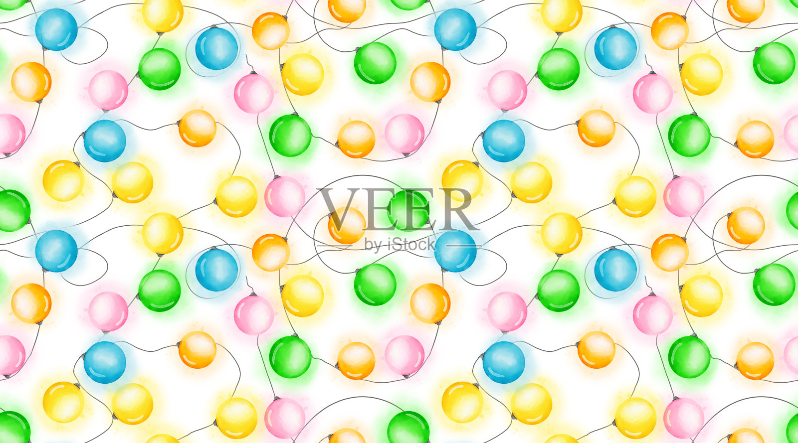 新年树球，发光的灯泡。水彩数字插图。无缝图案。白色背景上的圣诞灯光。多彩的新年灯泡和发光的彩灯。照片摄影图片