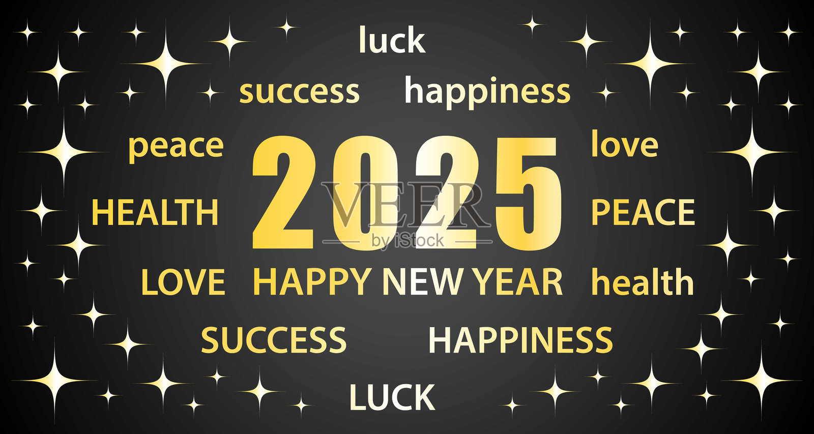 2025新年快乐。黑色和金色手绘贺卡，带有美好祝愿。插图。节日矢量横幅。插画图片素材