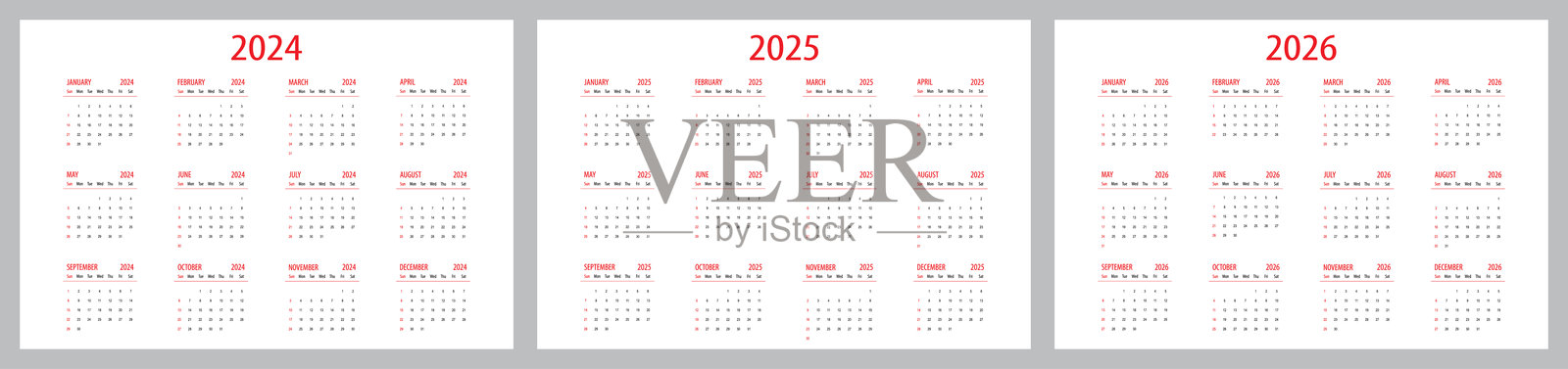 2024、2025和2026年的日历矢量插图，周日为一周的开始。插画图片素材