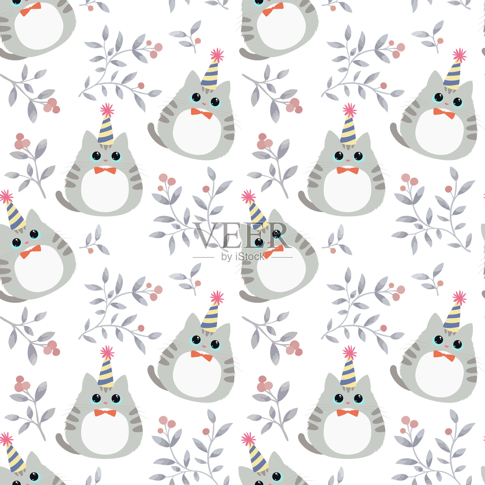 可爱的灰色猫咪无缝图案矢量插图。扁平风格的小猫，戴着派对帽，搭配红色浆果植物设计。插画图片素材