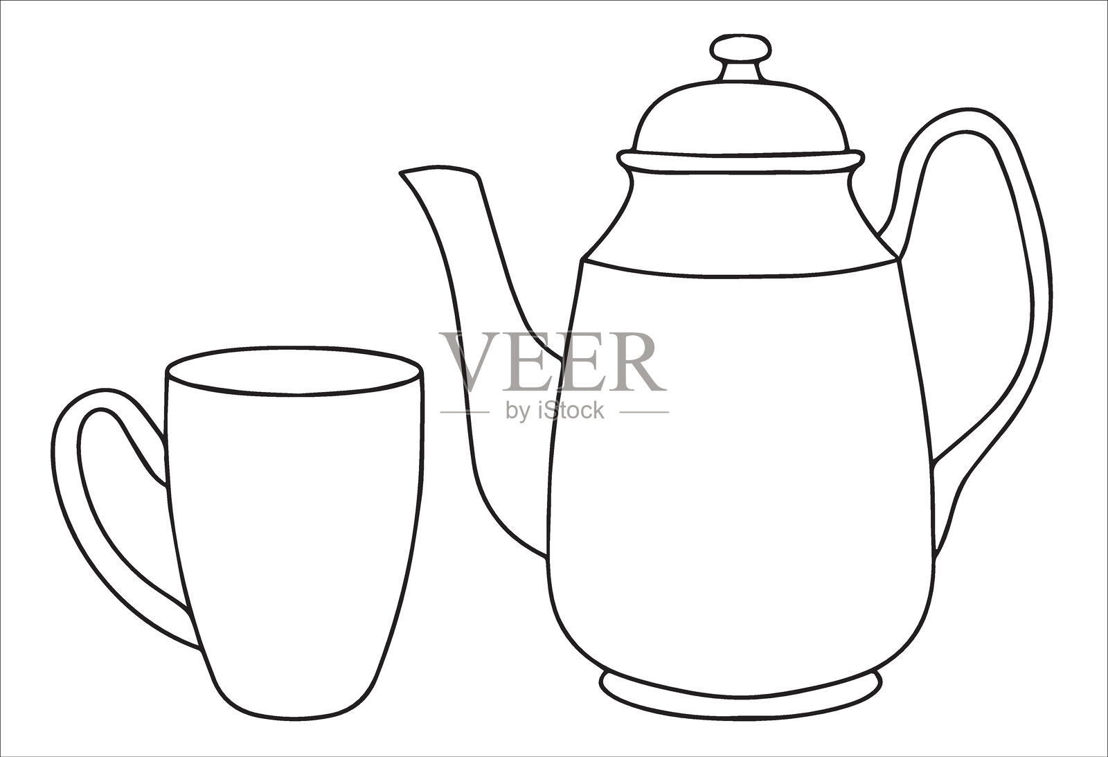 涂色书。涂鸦风格的矢量插图。茶壶和杯子的组合。可爱的复古茶壶和茶杯。插画图片素材