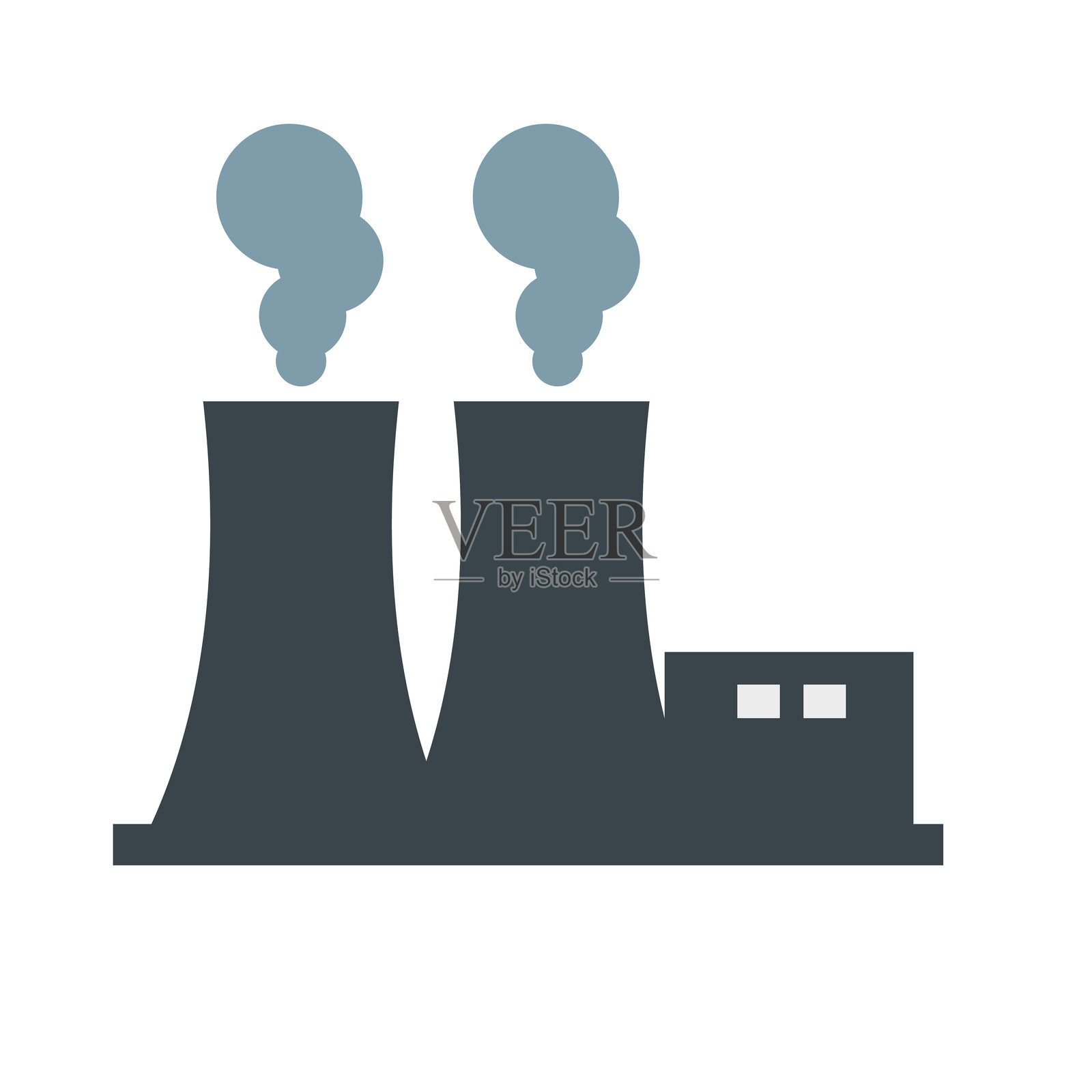 风格化的核电站图标，带有两个排放烟雾或蒸汽的冷却塔，象征着能源生产和环境影响。适合工业、能源和环境主题。插画图片素材